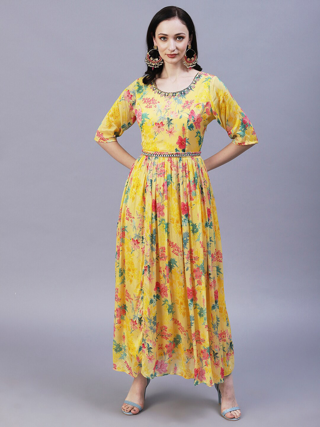 

FASHOR Floral Printed Embroidered Chiffon Maxi Dress, Yellow