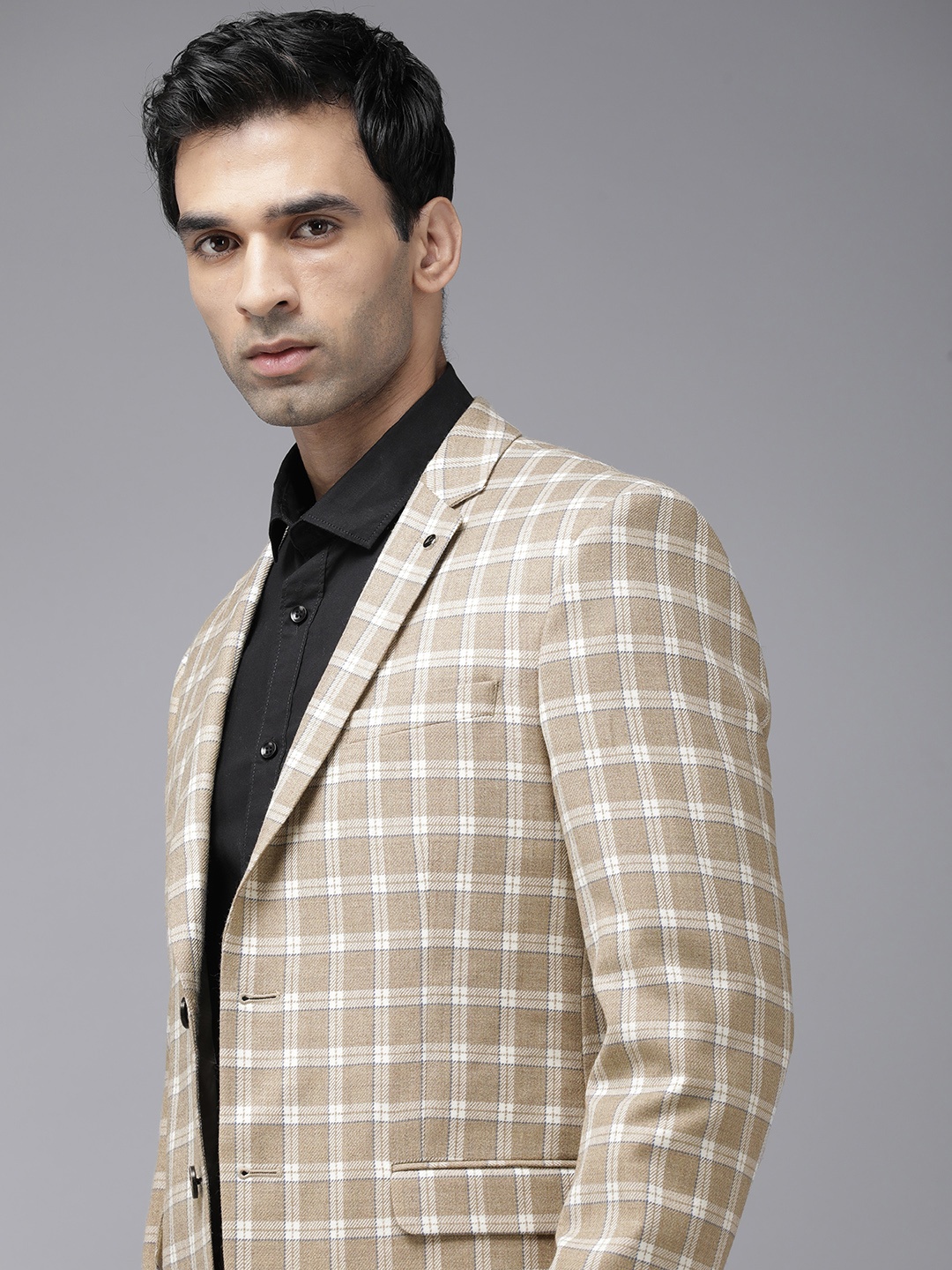 

Van Heusen Checked Slim-Fit Single-Breasted Formal Blazer, Beige