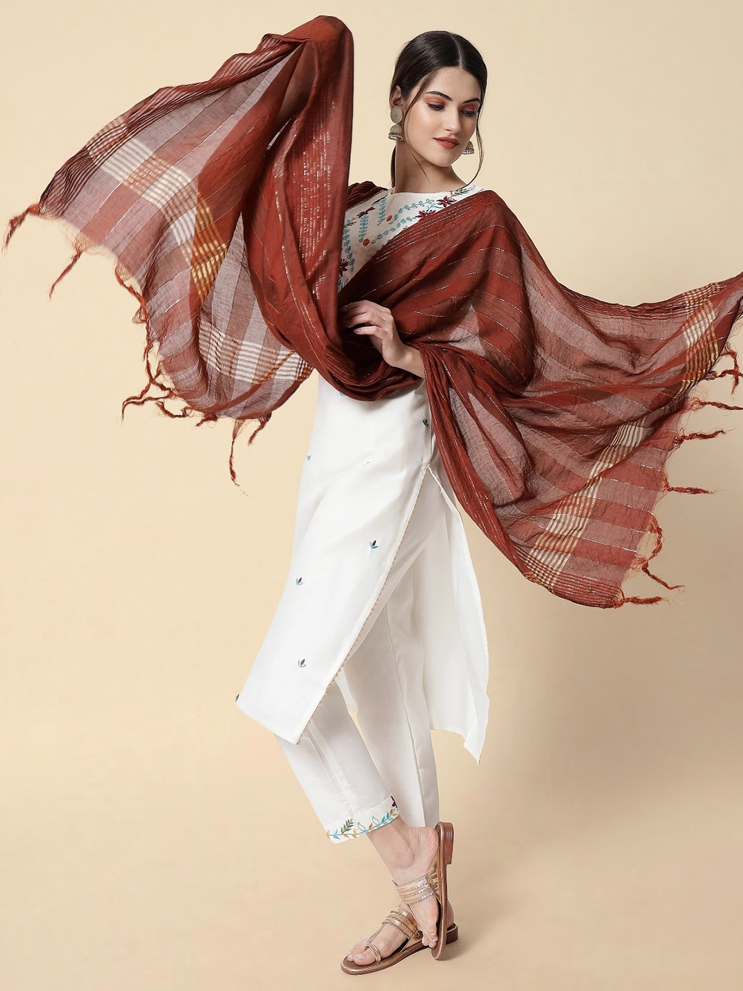 

KALINI Floral Embroidered Regular Kurta With Trousers & Dupatta, White