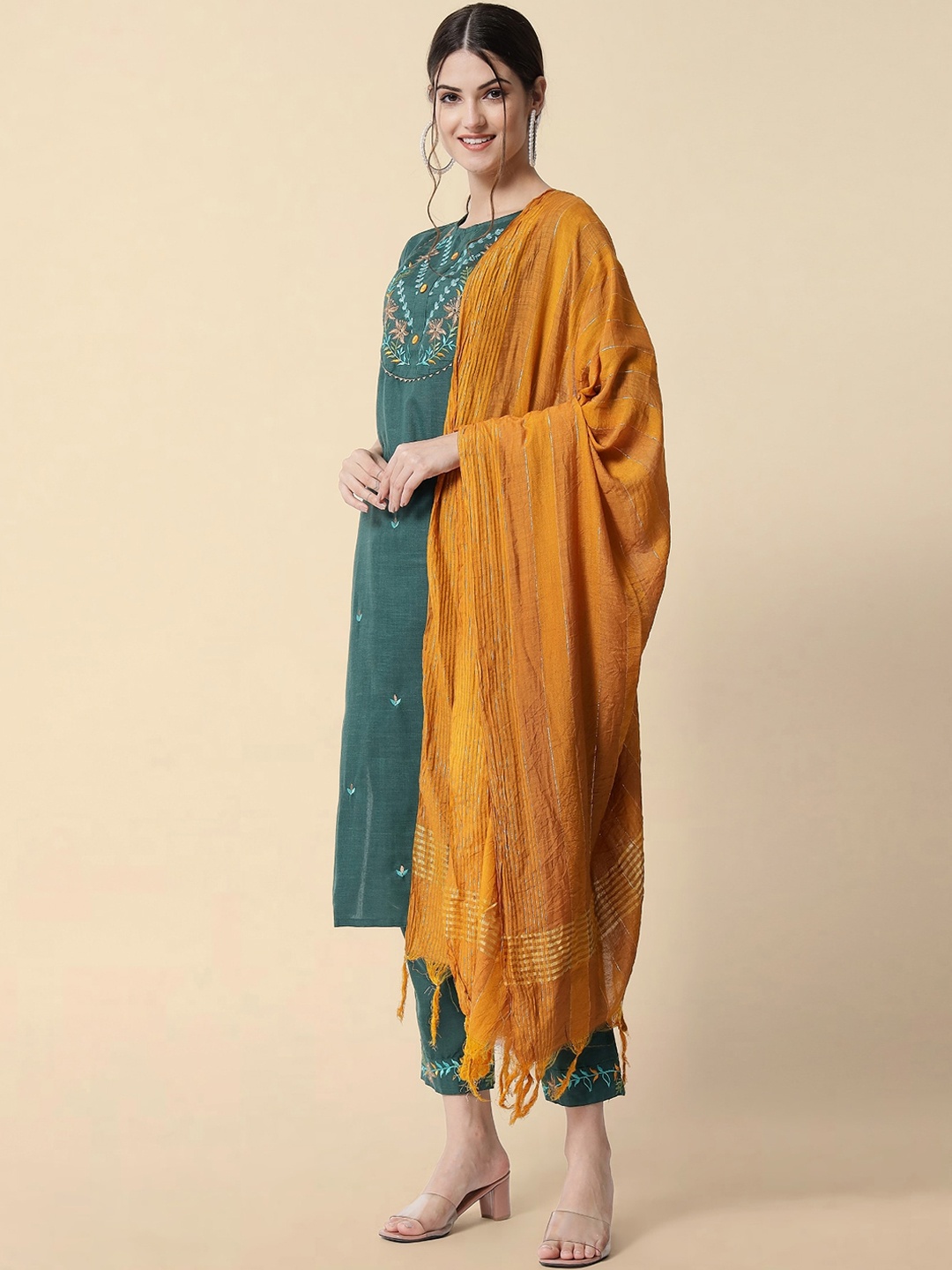

KALINI Floral Embroidered Regular Kurta With Trousers & Dupatta, Green