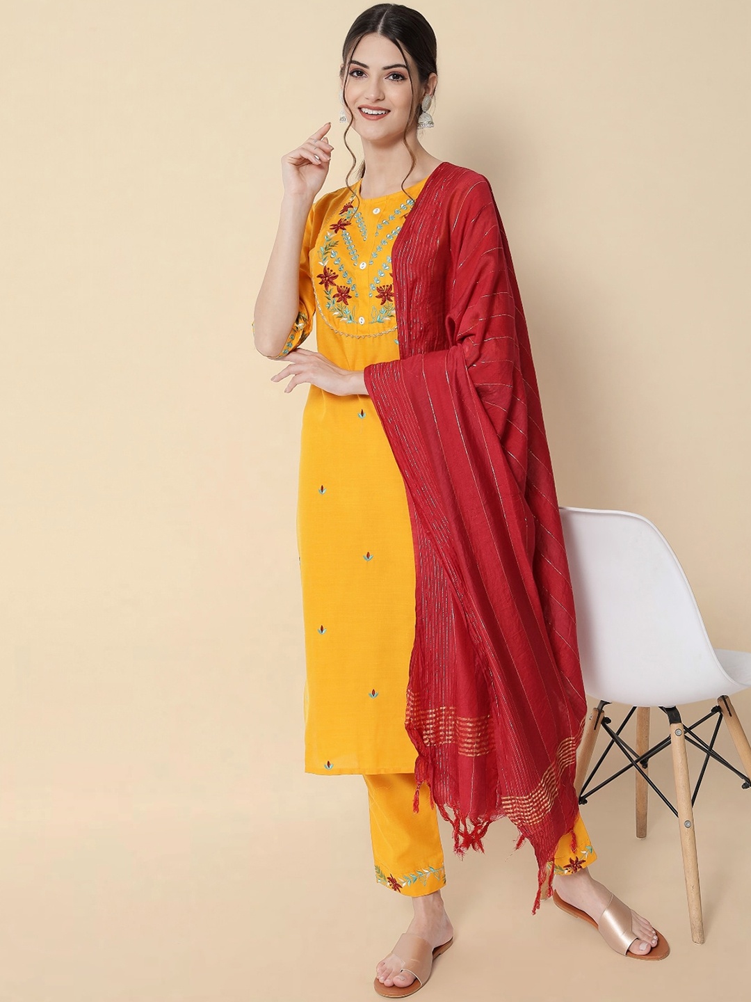 

KALINI Floral Embroidered Yoke Design Kurta with Trousers & With Dupatta, Yellow