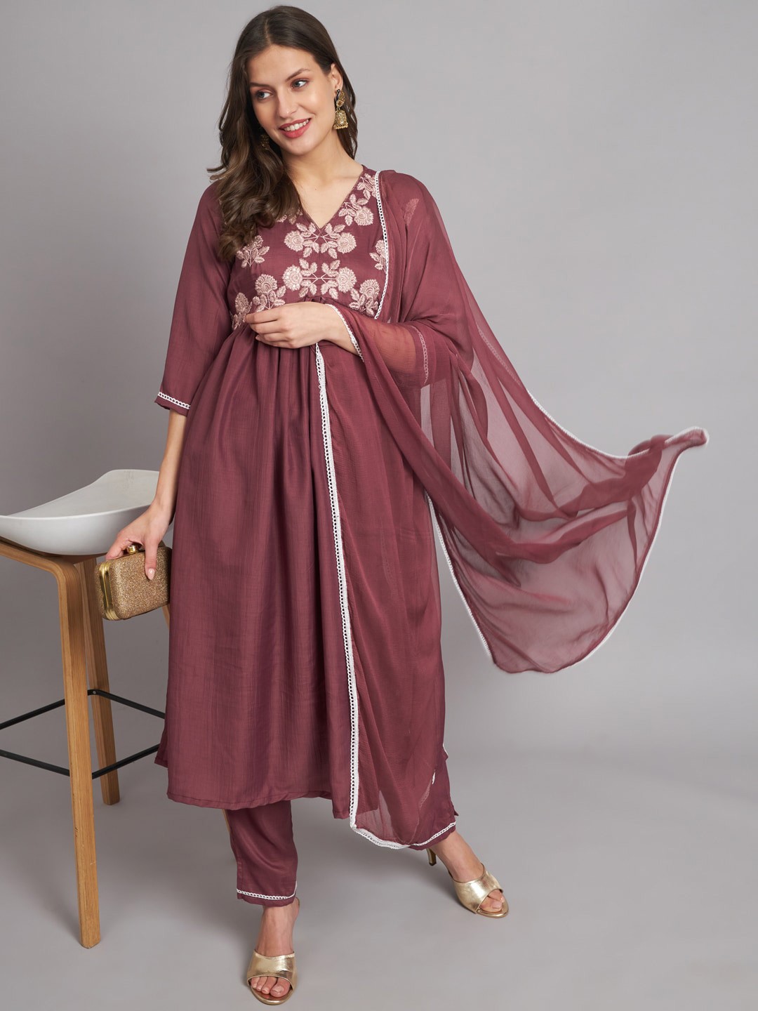 

KALINI Floral Embroidered Pleated Thread Work Kurta with Trousers & Dupatta, Purple