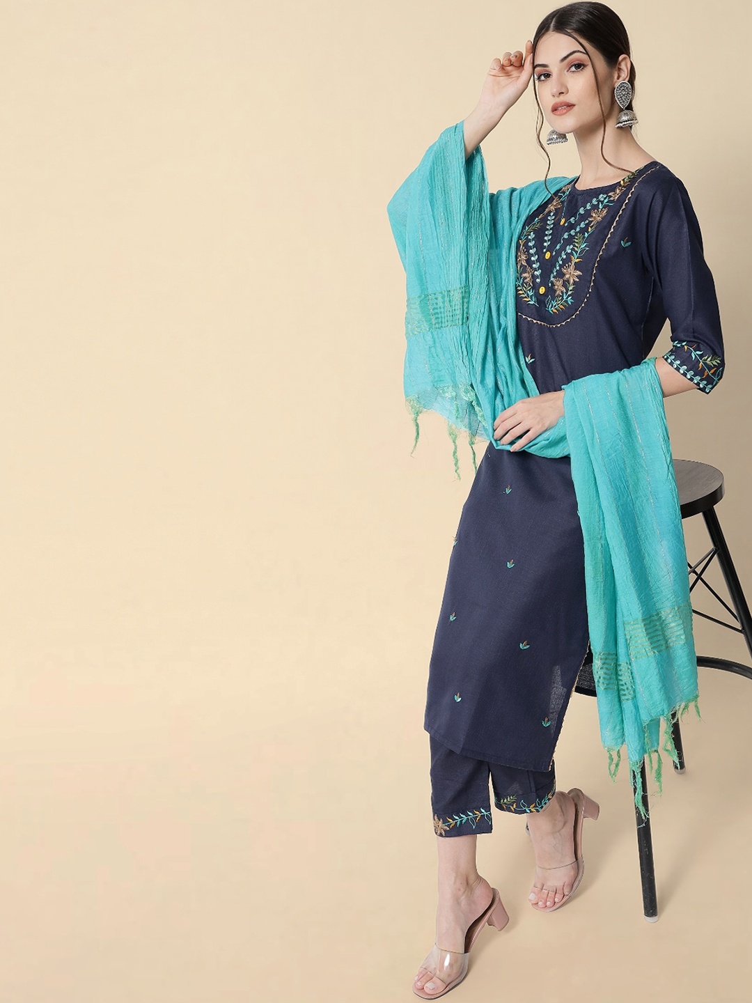

KALINI Floral Embroidered Regular Kurta With Trousers & Dupatta, Navy blue