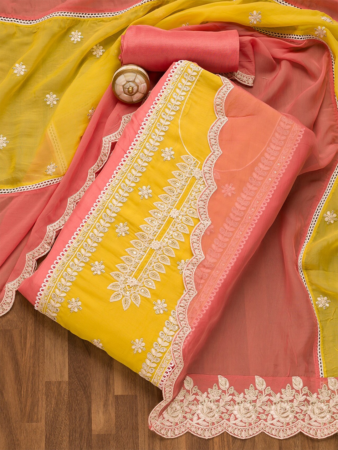 

Koskii Ethnic Motifs Embroidered Unstitched Dress Material, Peach