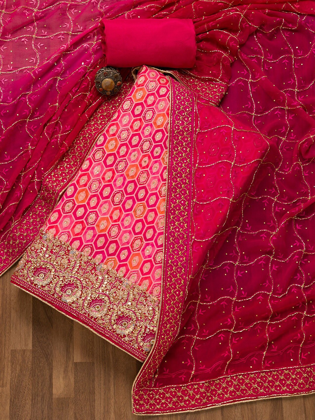

Koskii Geometric Embroidered Unstitched Dress Material, Pink