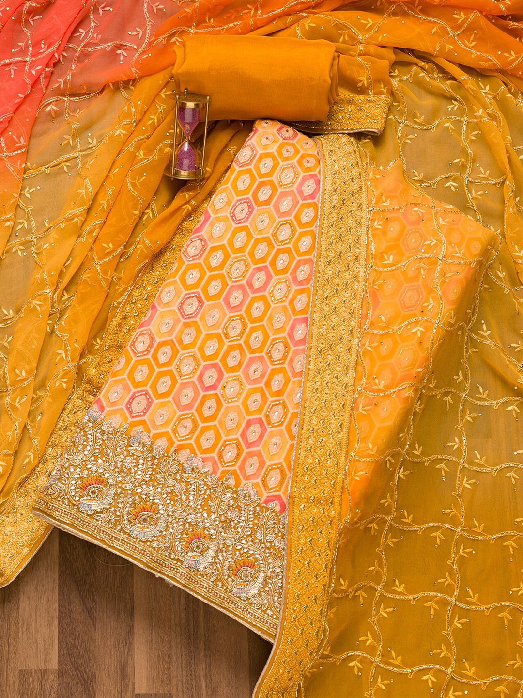 

Koskii Geometric Embroidered Beads & Stones Unstitched Dress Material, Mustard