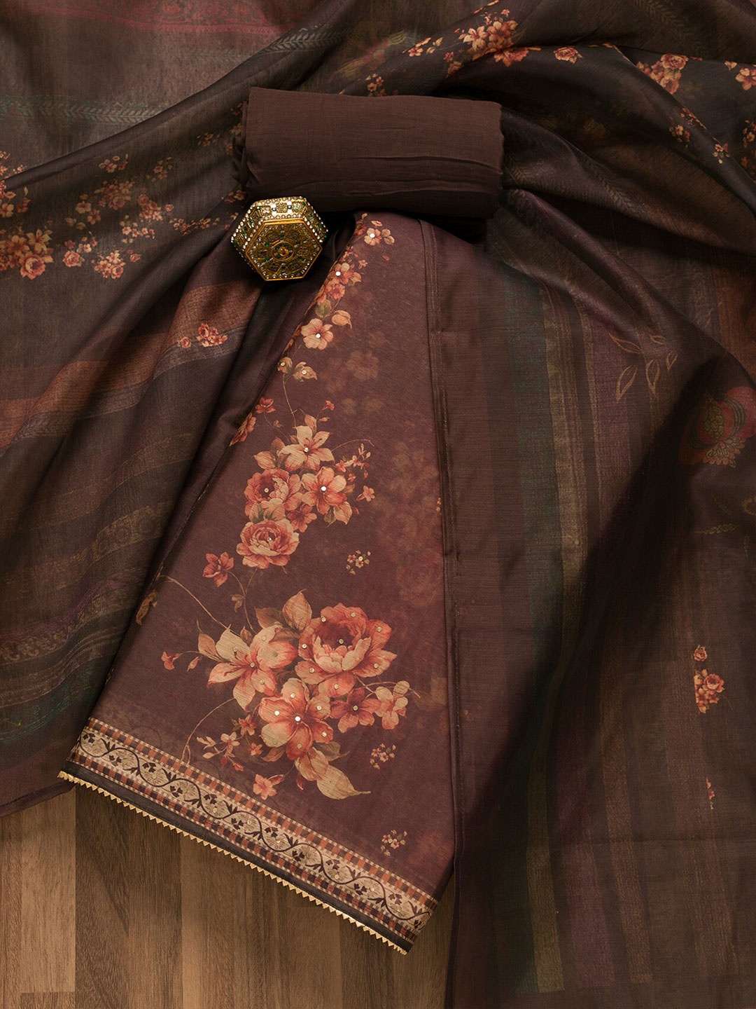

Koskii Floral Printed Gotta Patti Chanderi Unstitched Dress Material, Maroon