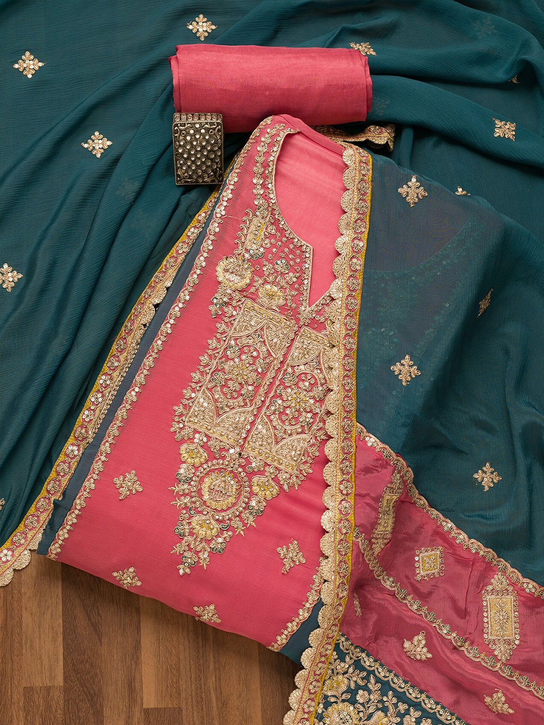 

Koskii Ethnic Motifs Embroidered Unstitched Dress Material, Pink