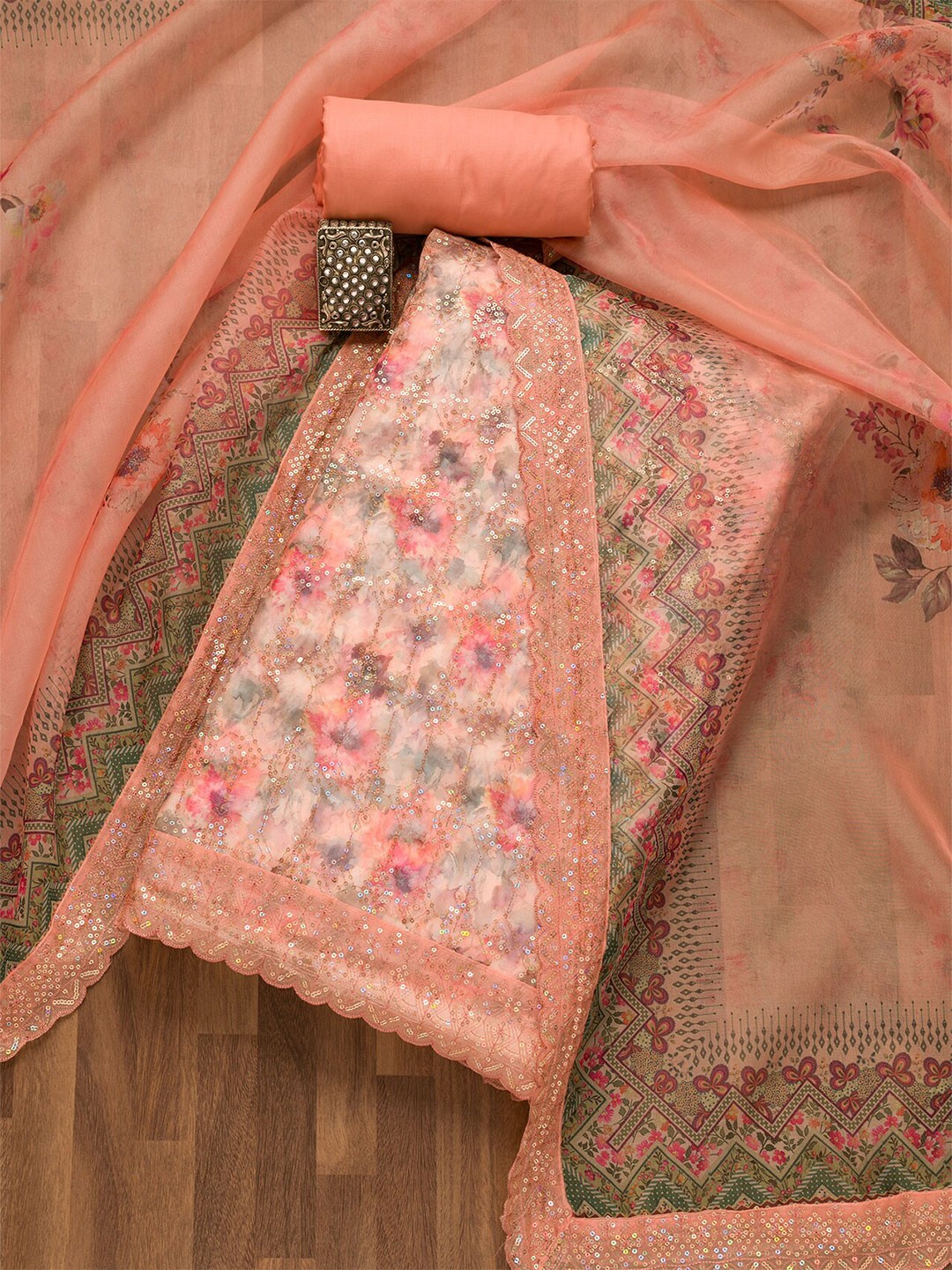 

Koskii Floral Embroidered Sequinned Unstitched Dress Material, Peach