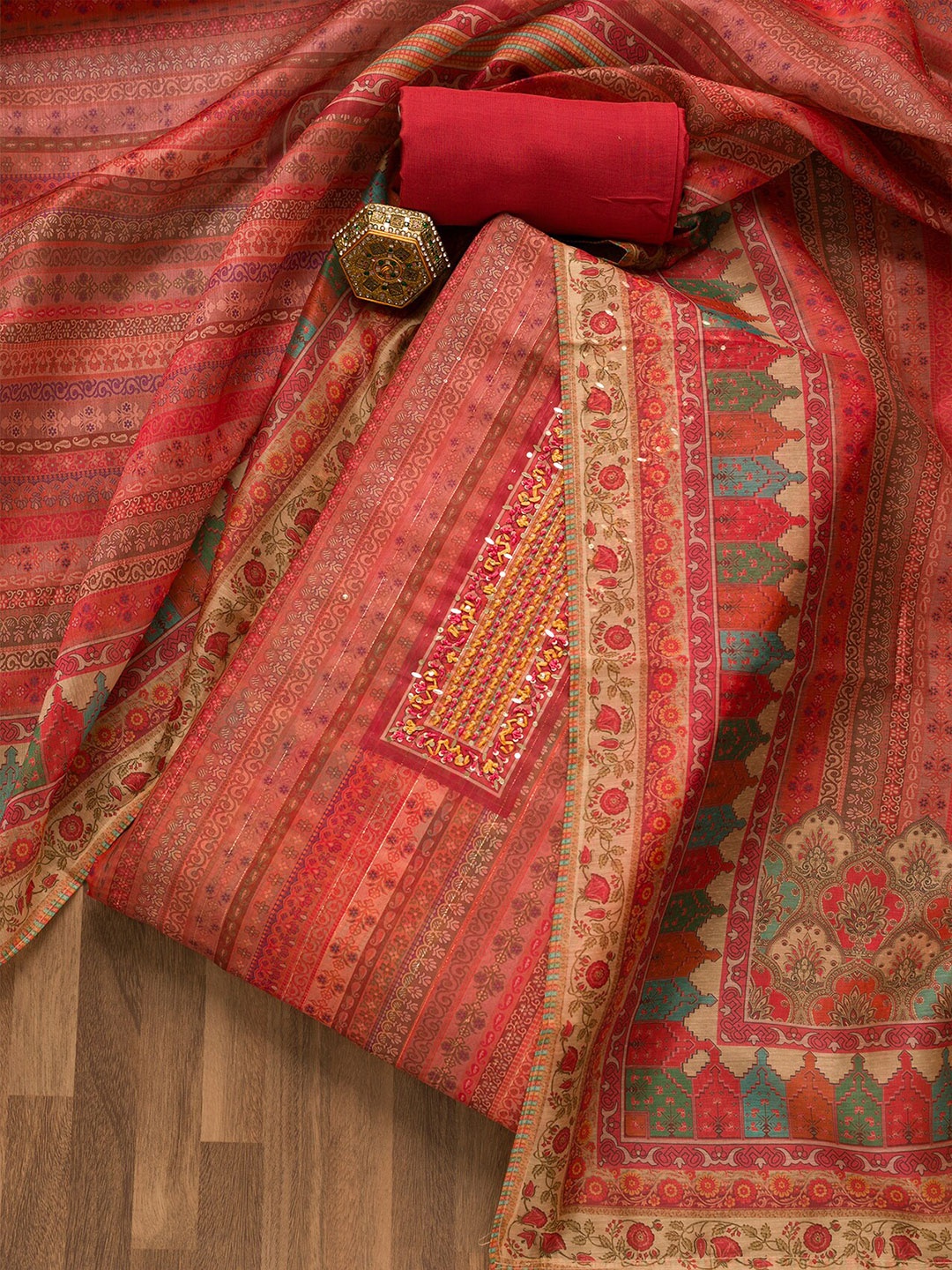

Koskii Ethnic Motifs Printed Unstitched Dress Material, Pink