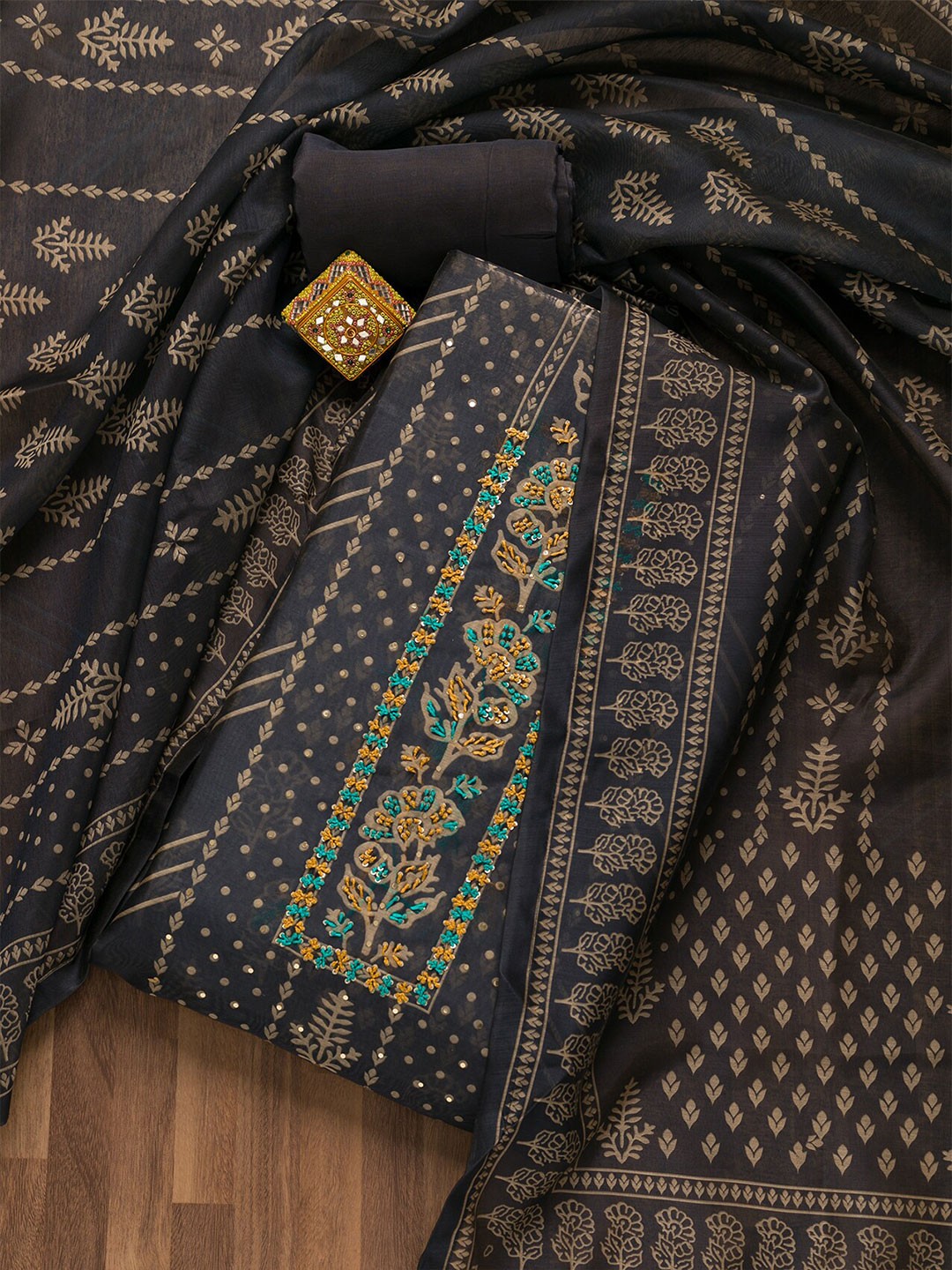 

Koskii Ethnic Motifs Printed Sequinned Unstitched Dress Material, Navy blue