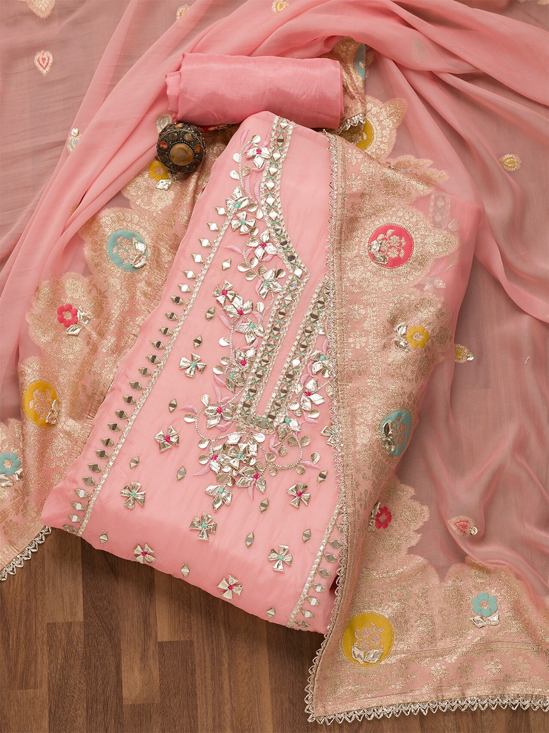 

Koskii Floral Embroidered Unstitched Dress Material, Pink