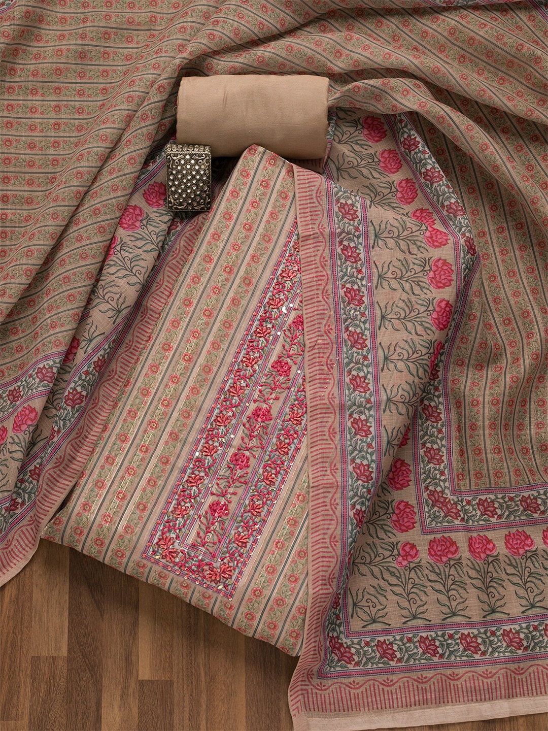 

Koskii Ethnic Motifs Printed Unstitched Dress Material, Beige