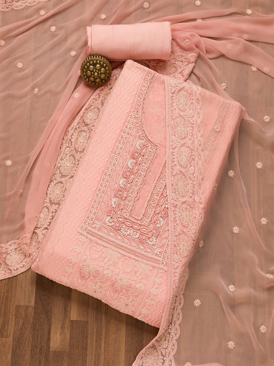 

Koskii Floral Embroidered Unstitched Dress Material, Pink
