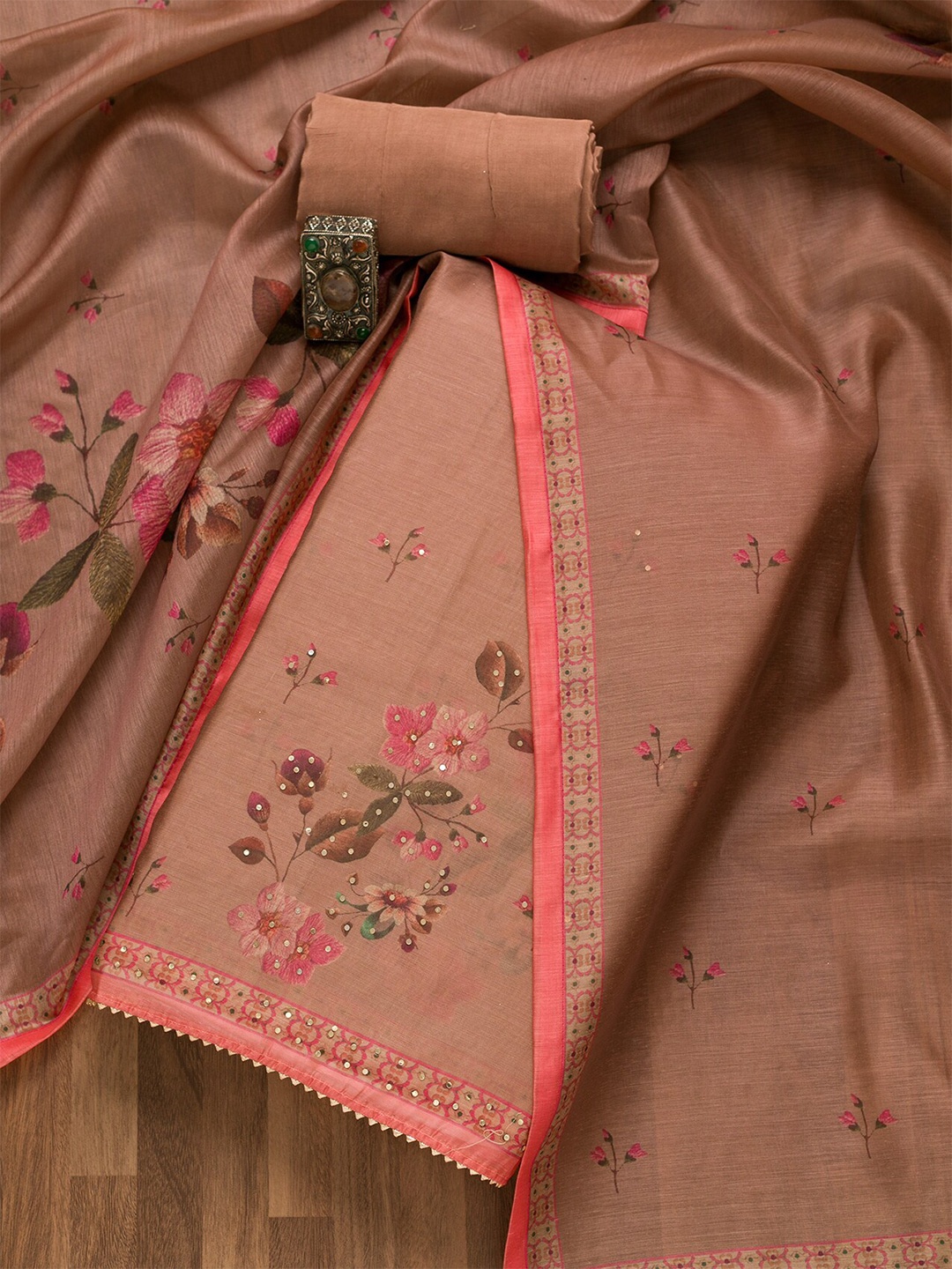 

Koskii Floral Embroidered Unstitched Dress Material, Pink