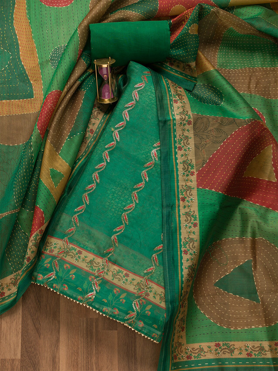 

Koskii Ethnic Motifs Printed Gotta Patti Unstitched Dress Material, Green