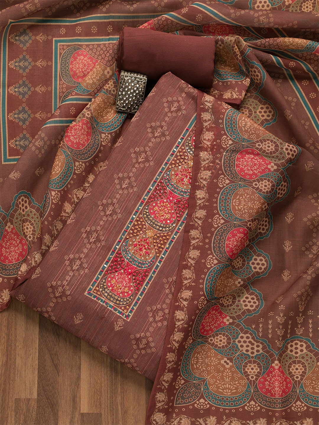 

Koskii Ethnic Motifs Printed Sequinned Unstitched Dress Material, Maroon