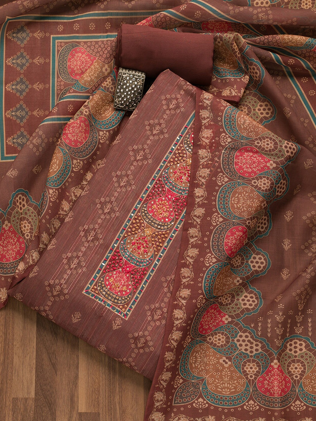

Koskii Ethnic Motifs Printed Sequinned Unstitched Dress Material, Brown
