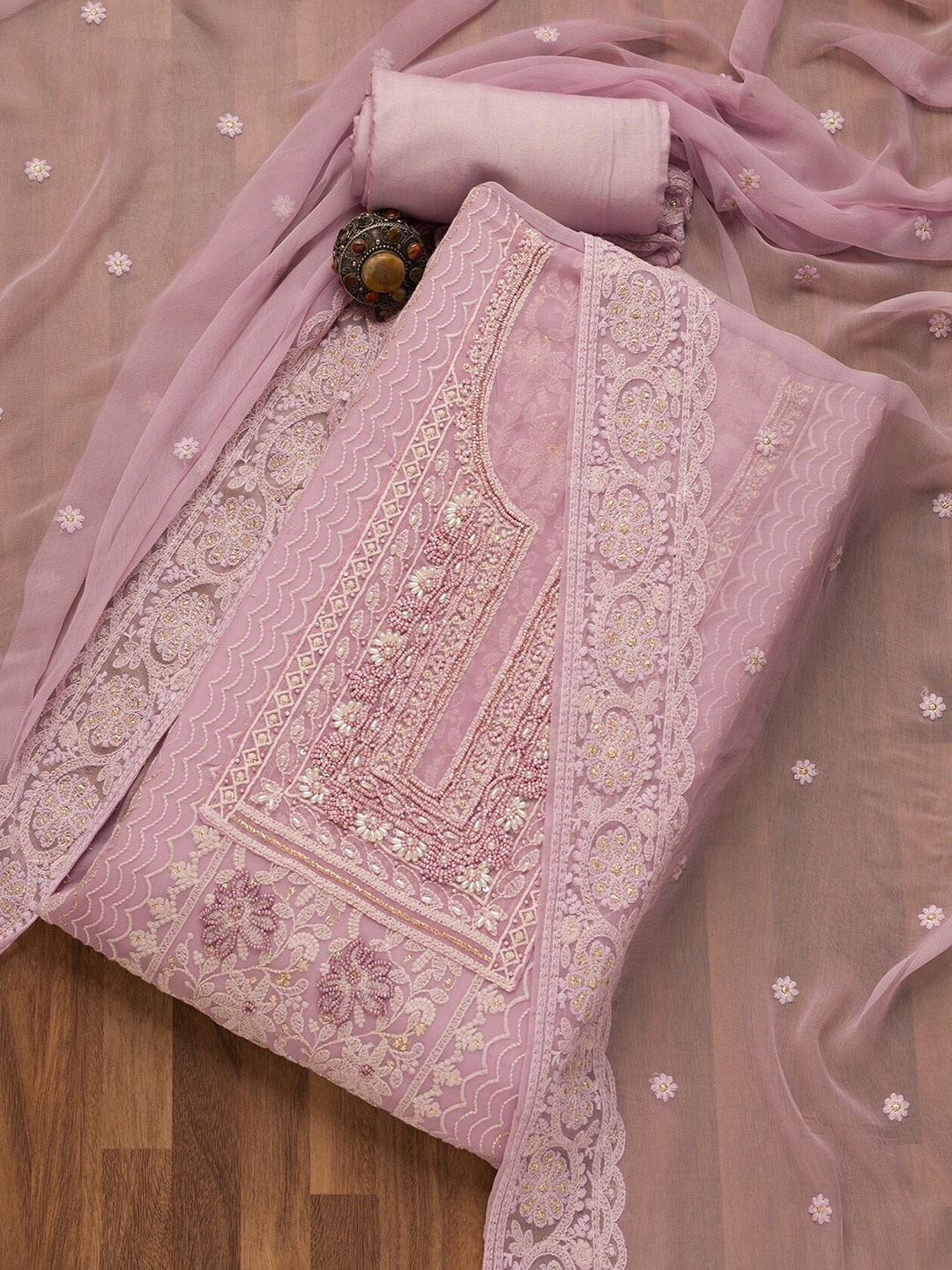 

Koskii Floral Embroidered Unstitched Dress Material, Lavender
