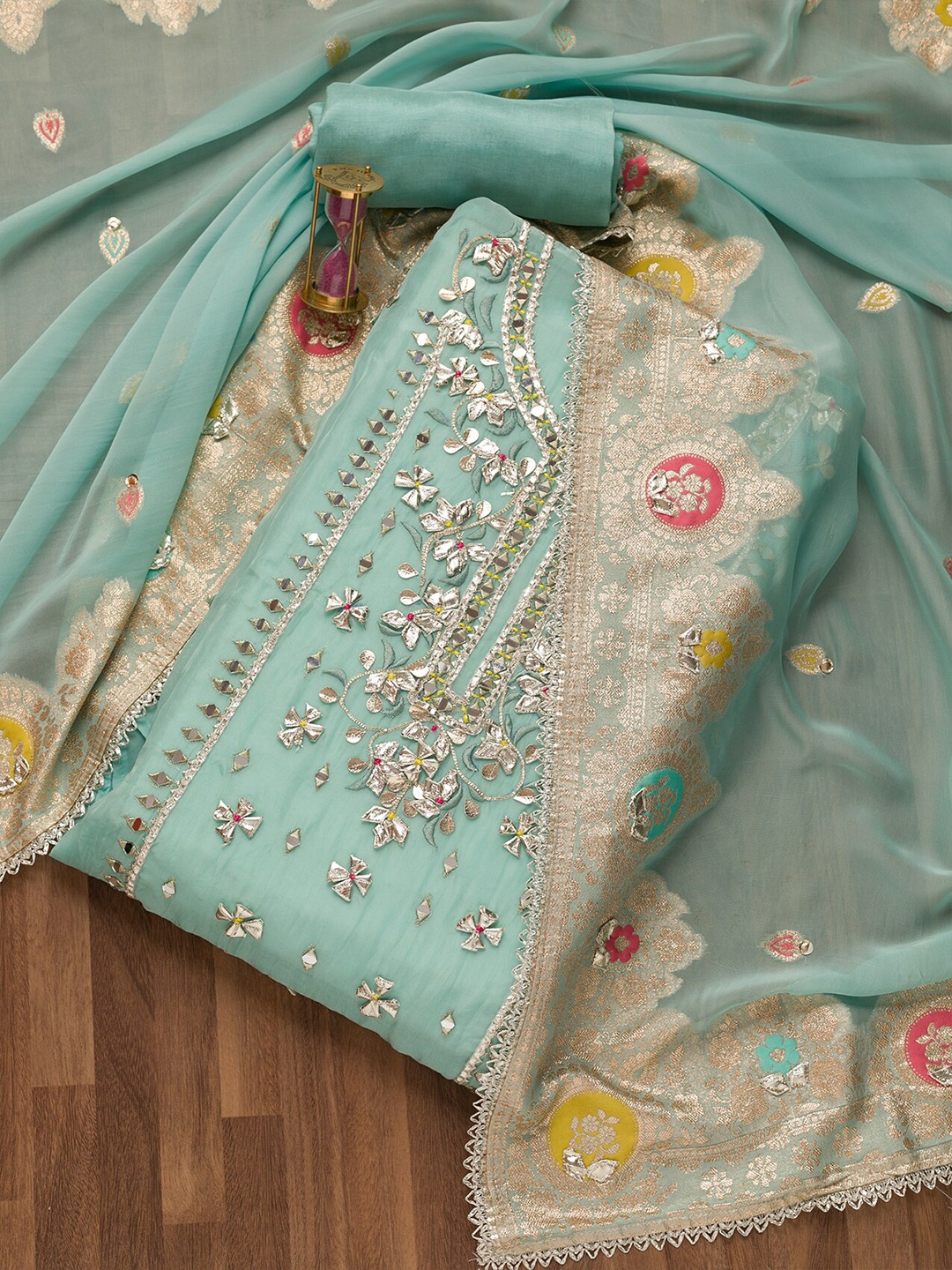 

Koskii Floral Embroidered Unstitched Dress Material, Sea green