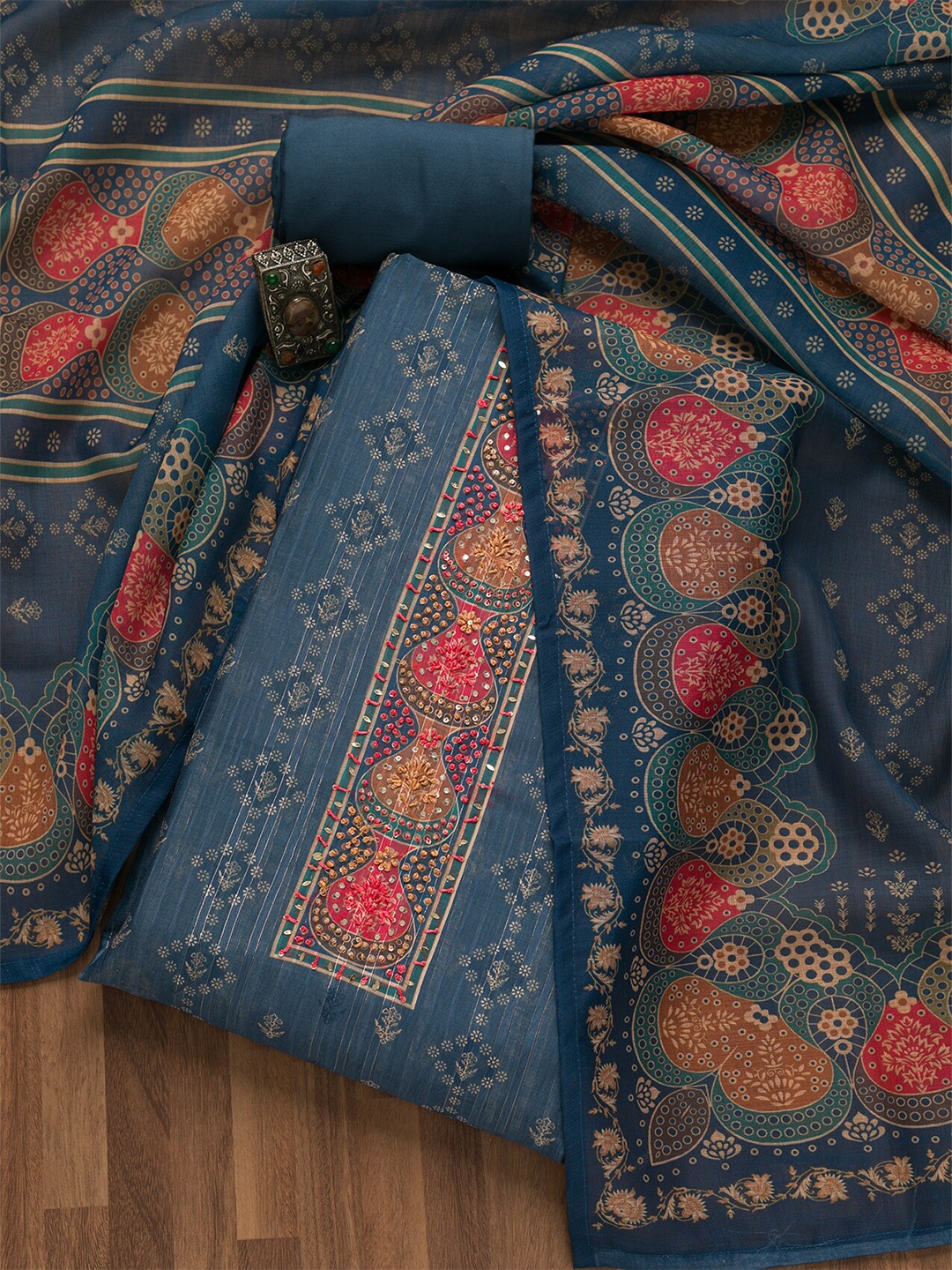 

Koskii Ethnic Motifs Thread Work Sequinned Unstitched Dress Material, Blue
