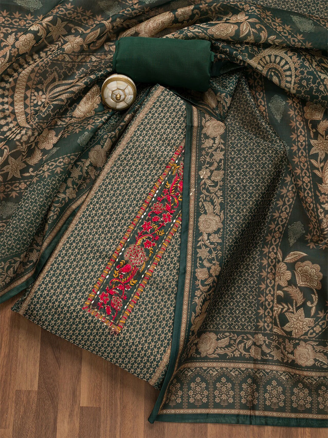 

Koskii Ethnic Motifs Printed Unstitched Dress Material, Green
