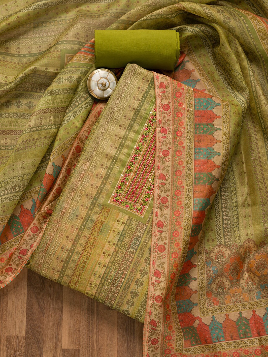 

Koskii Ethnic Motifs Printed Chanderi Unstitched Dress Material, Green