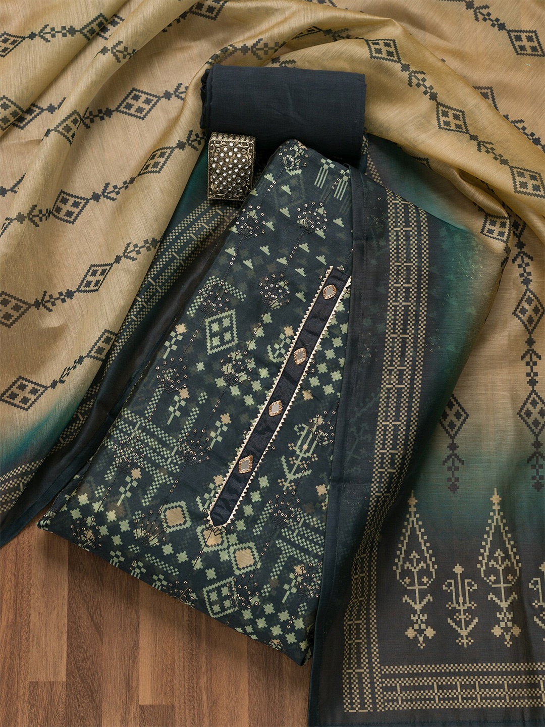 

Koskii Ethnic Motifs Printed Gotta Patti Unstitched Dress Material, Navy blue