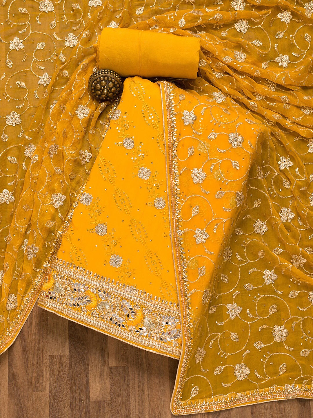 

Koskii Floral Embroidered Sequinned Unstitched Dress Material, Mustard