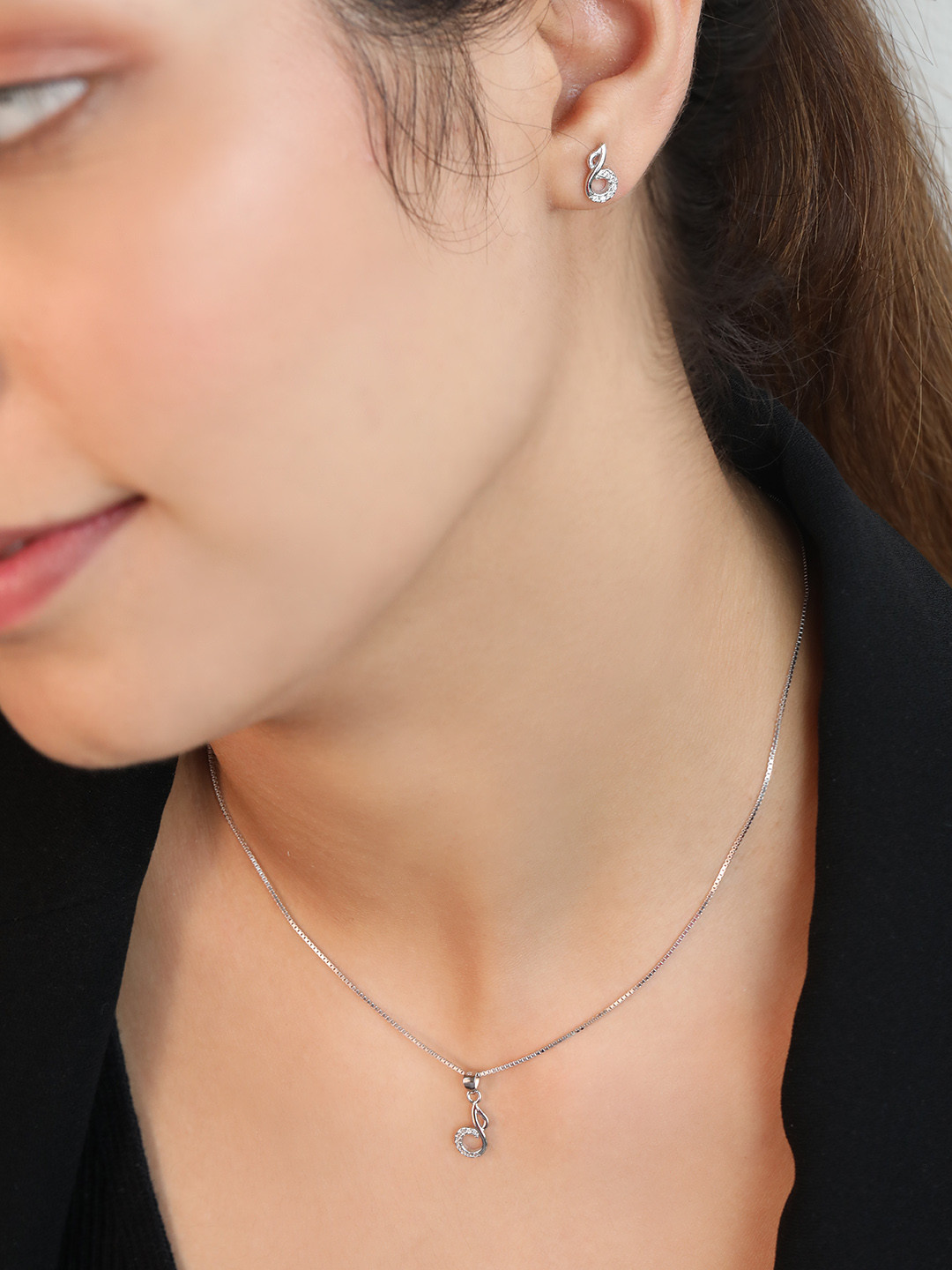 

Zavya Women Rhodium-Plated CZ Studded Sterling Silver Necklace with Earrings