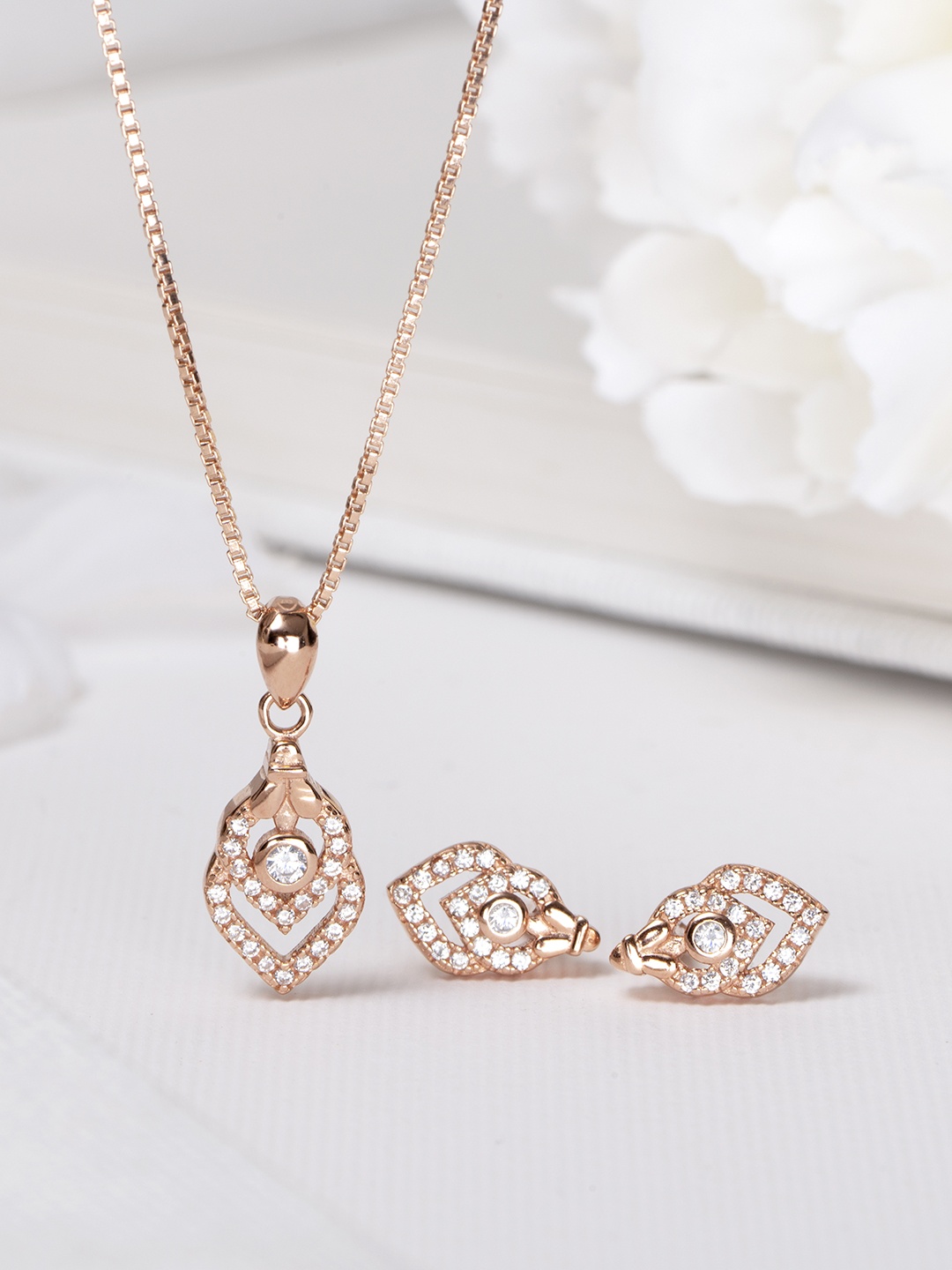 

Zavya Women Rose Gold-Plated CZ Studded Sterling Silver Necklace with Earrings