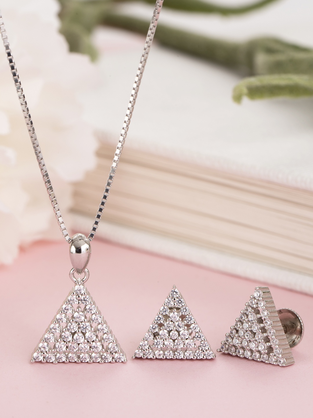 

Zavya Women Rhodium-Plated CZ Studded Sterling Silver Necklace with Earrings