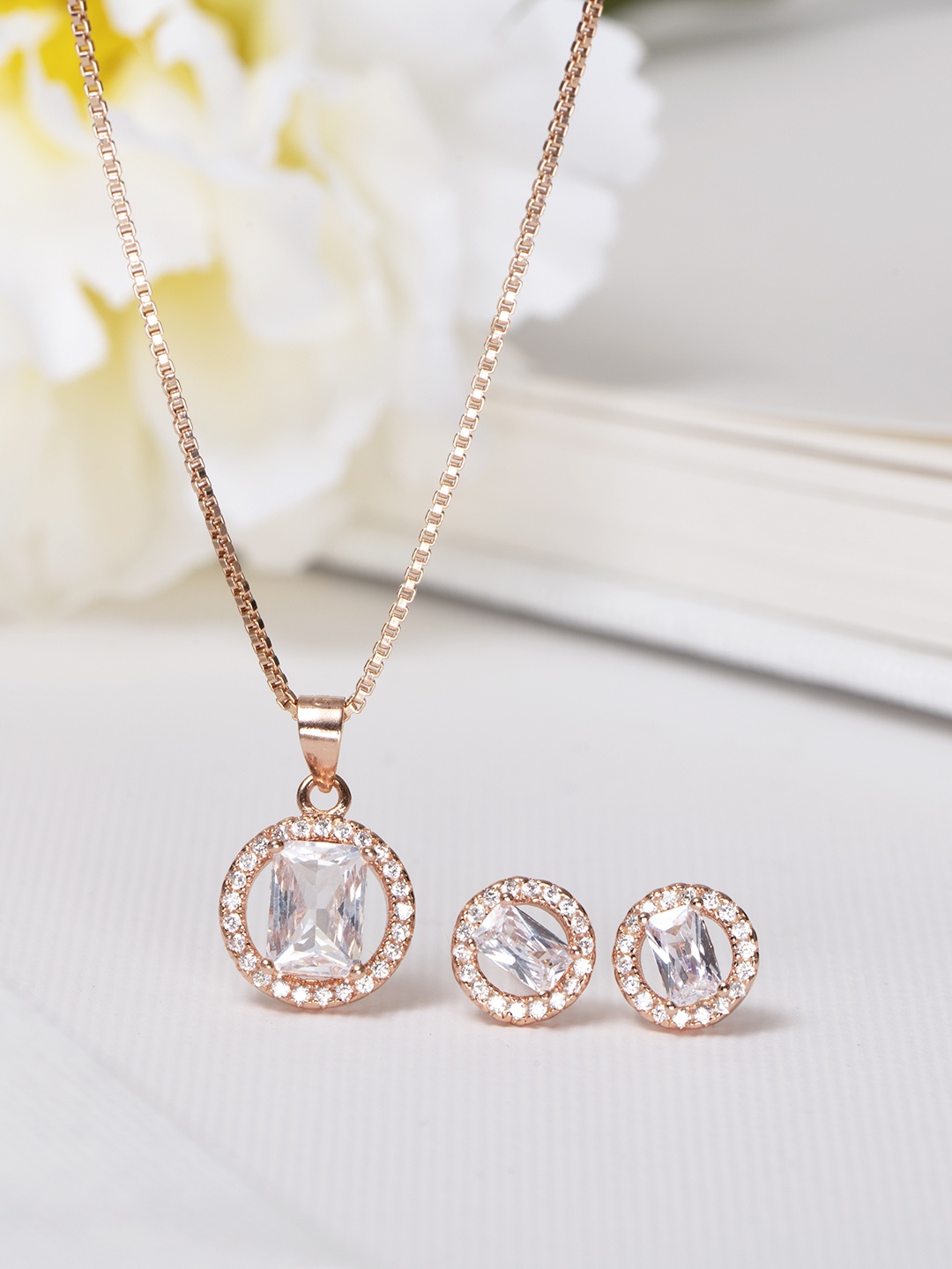 

Zavya Women Rose Gold-Plated CZ Studded Sterling Silver Necklace with Earrings