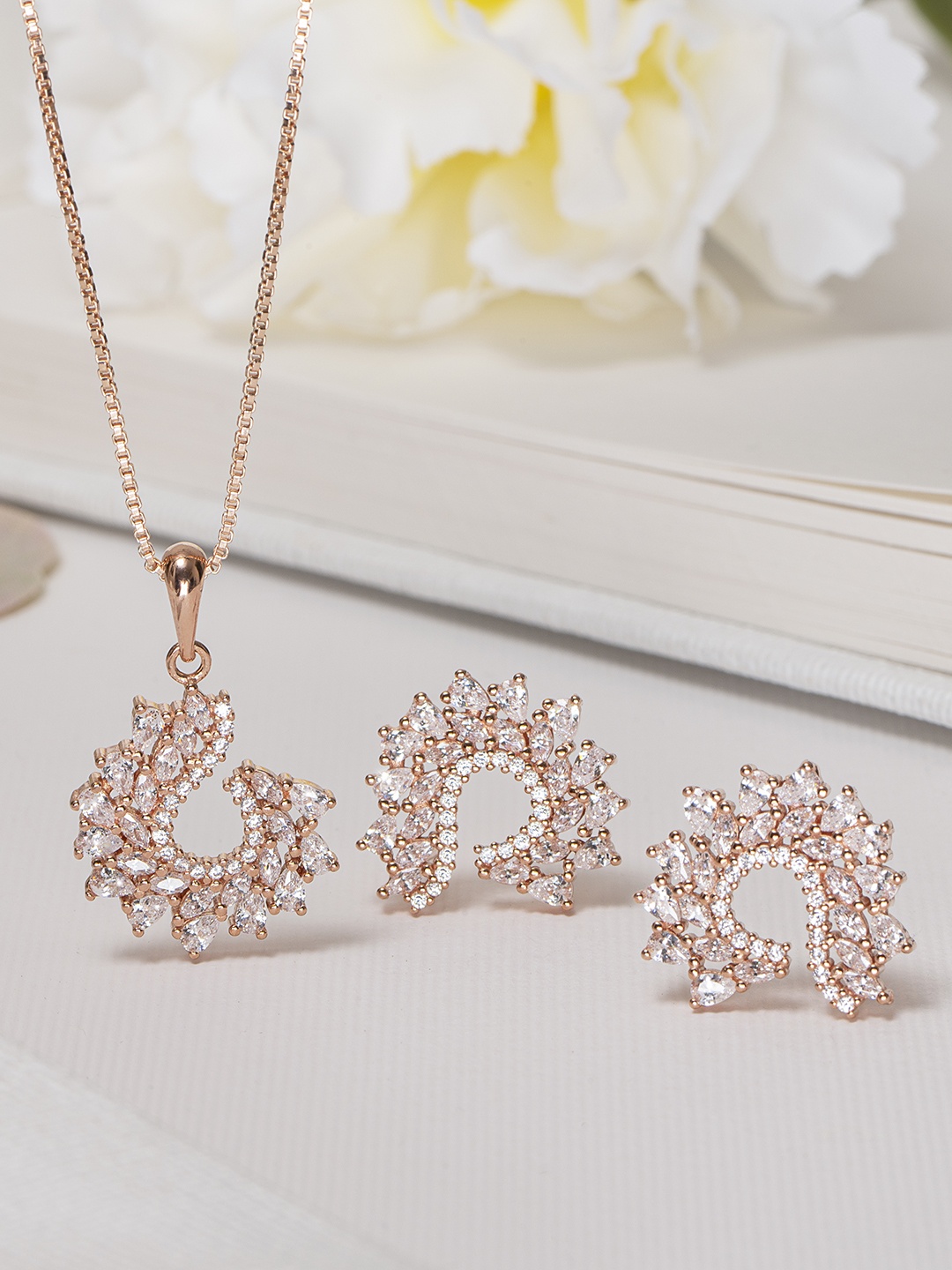 

Zavya Women Rose Gold-Plated CZ Studded Sterling Silver Necklace with Earrings