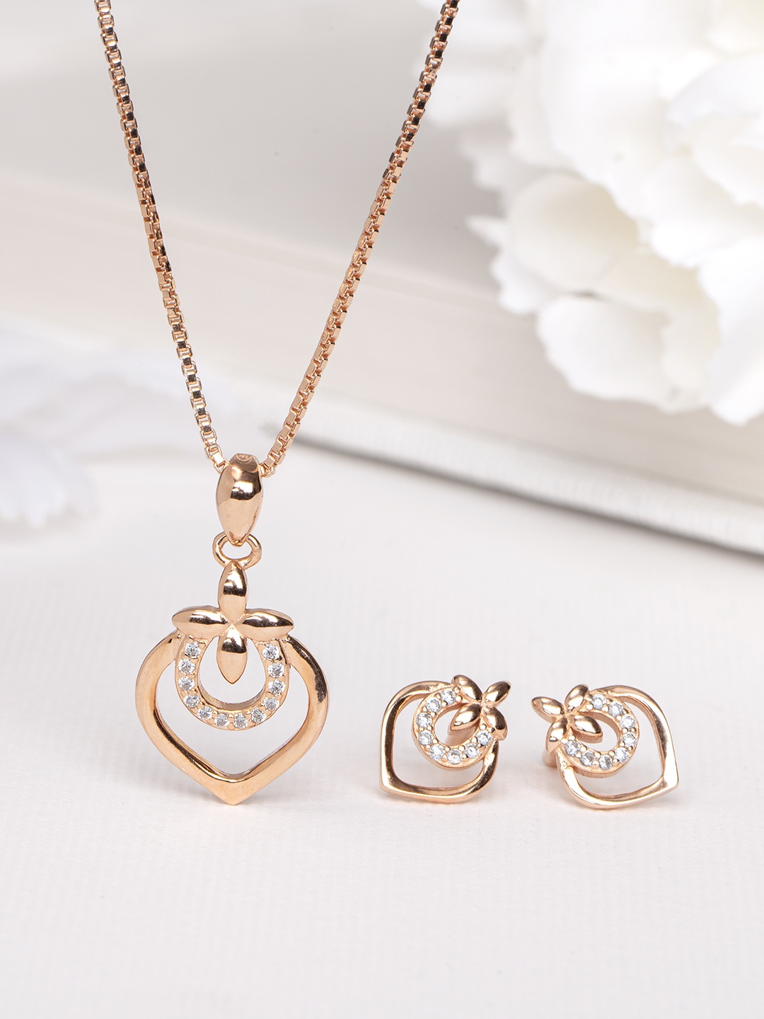 

Zavya Women Rose Gold-Plated CZ Studded Sterling Silver Necklace with Earrings