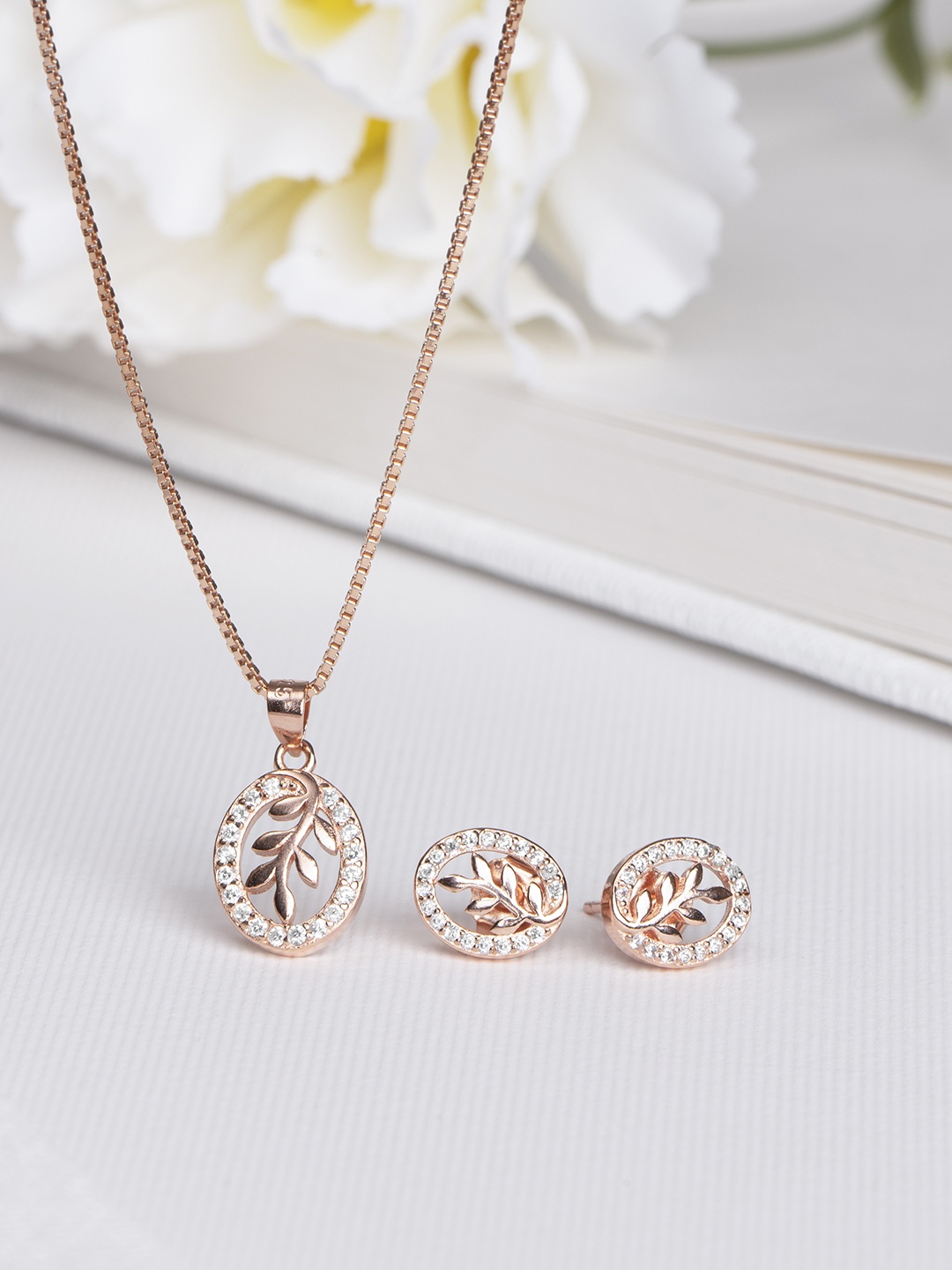 

Zavya Women Rose Gold-Plated CZ Studded Sterling Silver Necklace with Earrings