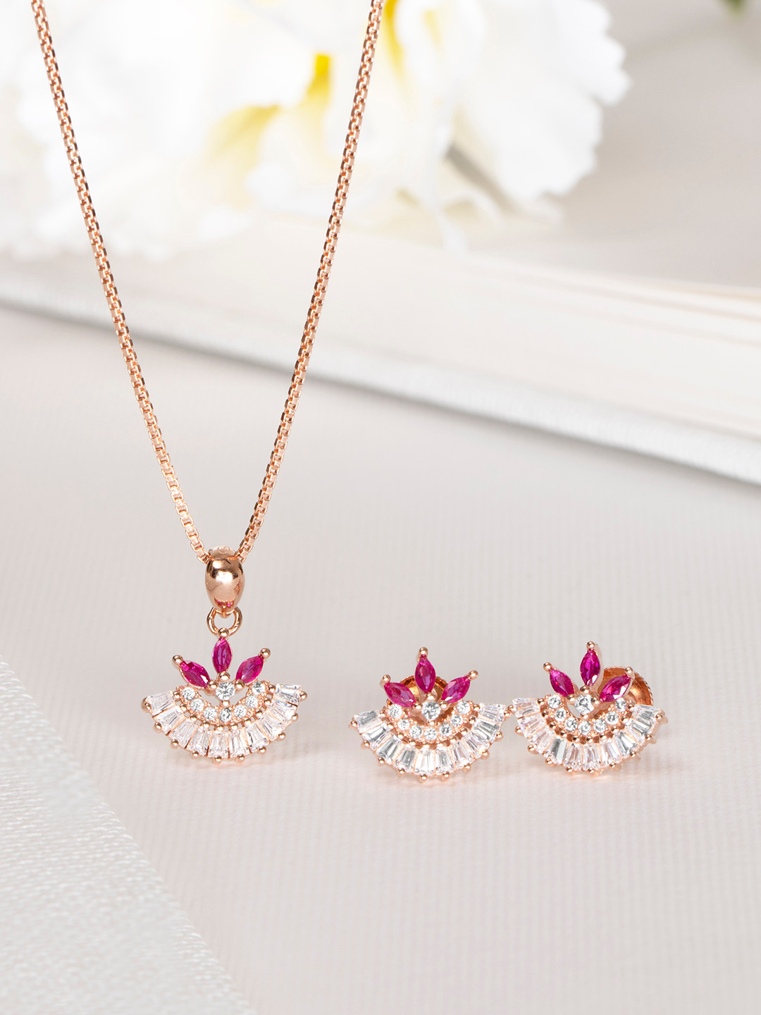 

Zavya Women Rose Gold-Plated CZ Studded Sterling Silver Necklace with Earrings