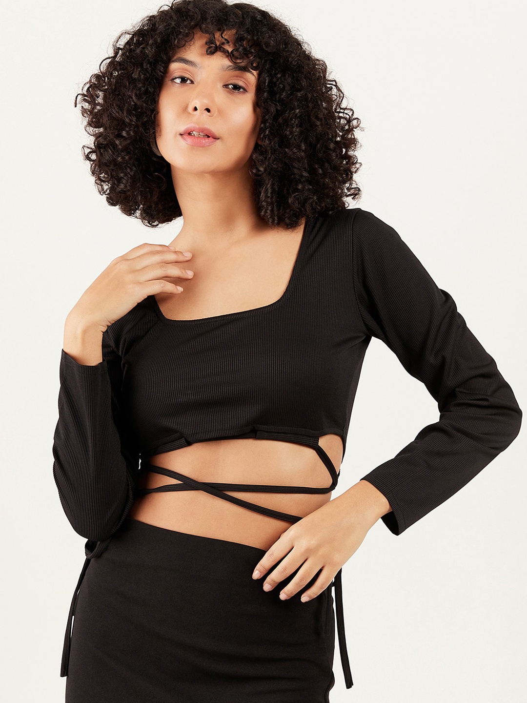 

Athena Square Neck Crop Top With Side Slit Skirt, Black