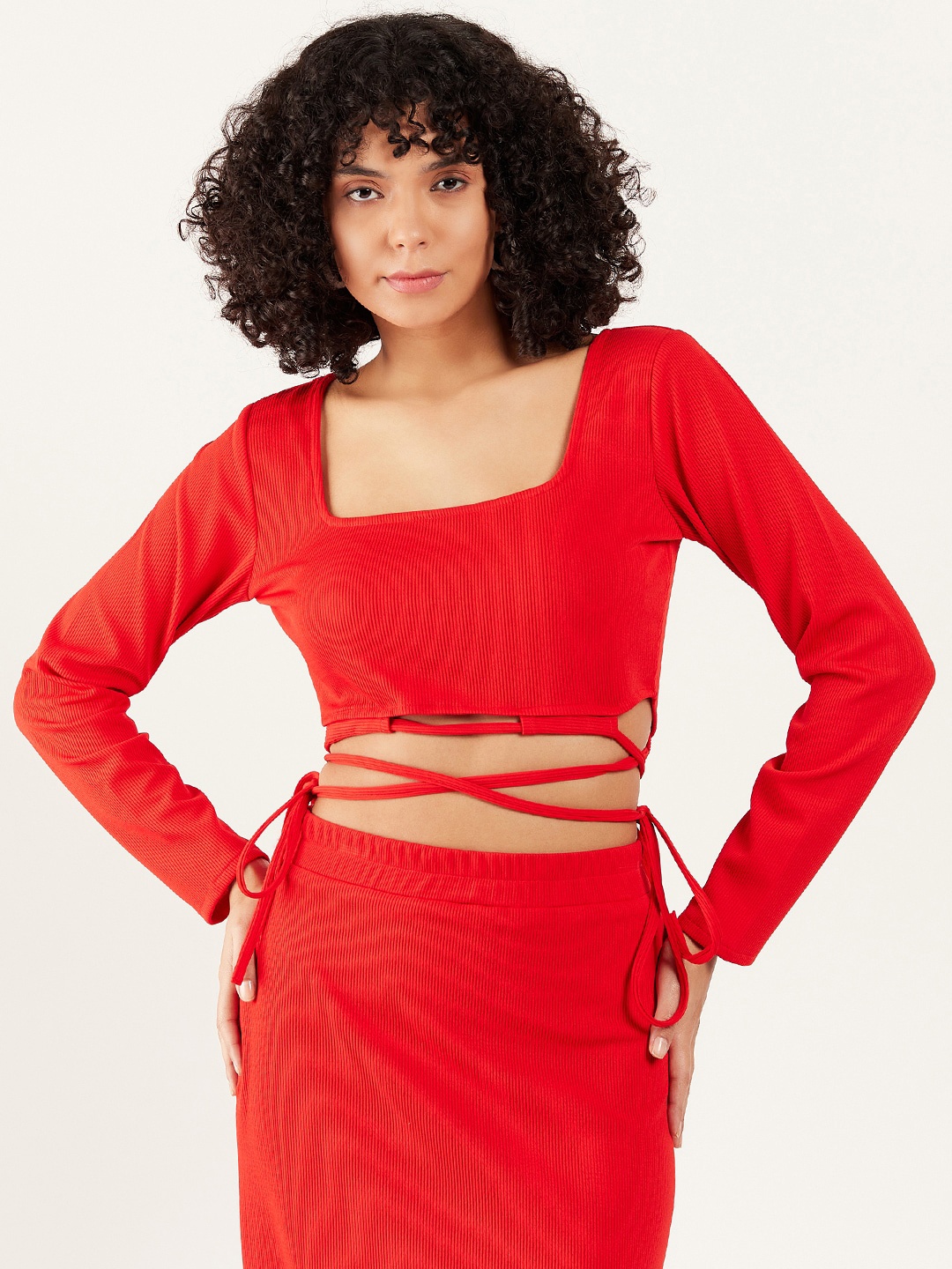 

Athena Square Neck Tie Up Crop Top With Pencil Skirt, Red