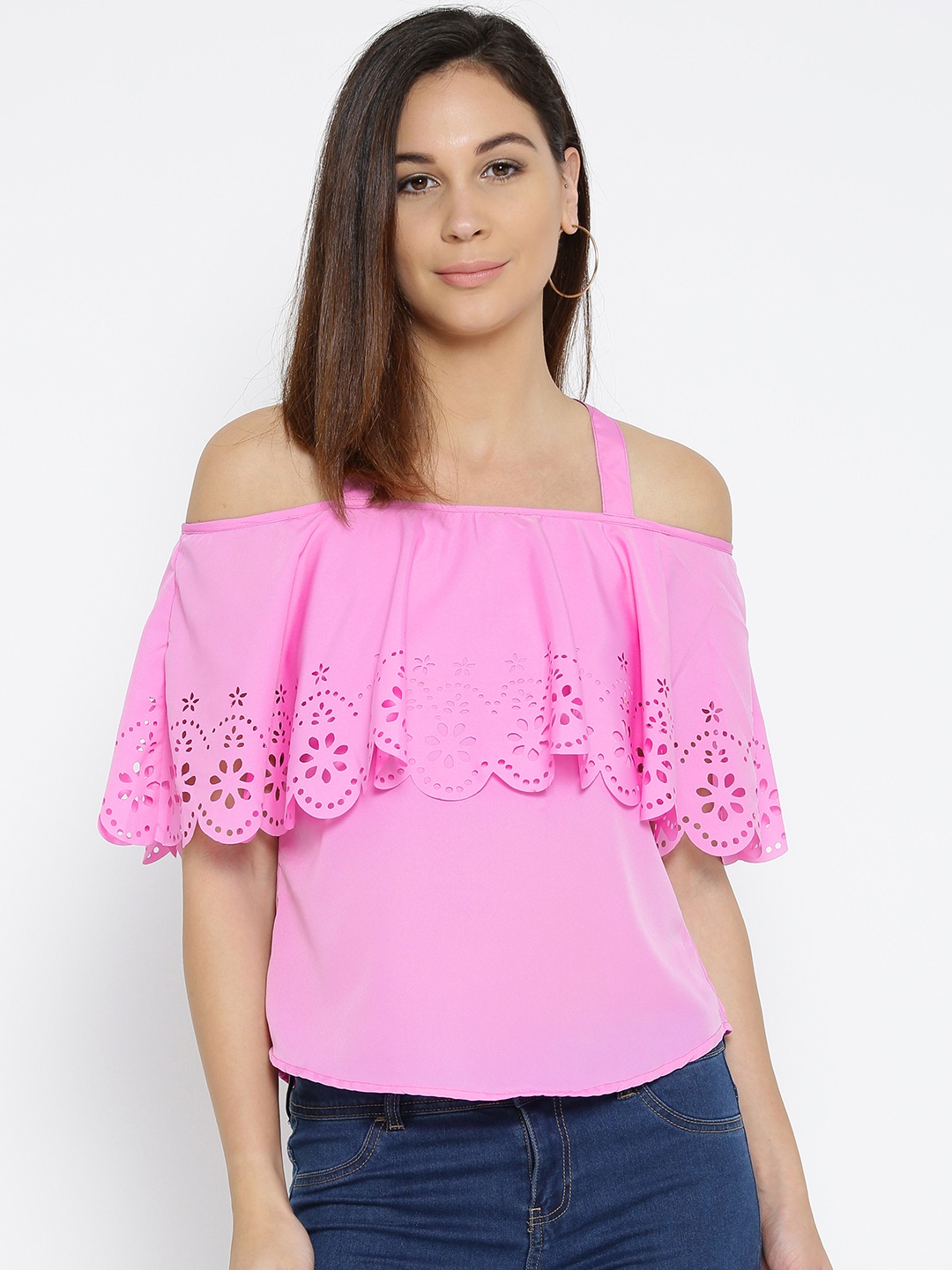 

U&F Women Pink Solid Styled Back Top with Laser Cut Detail