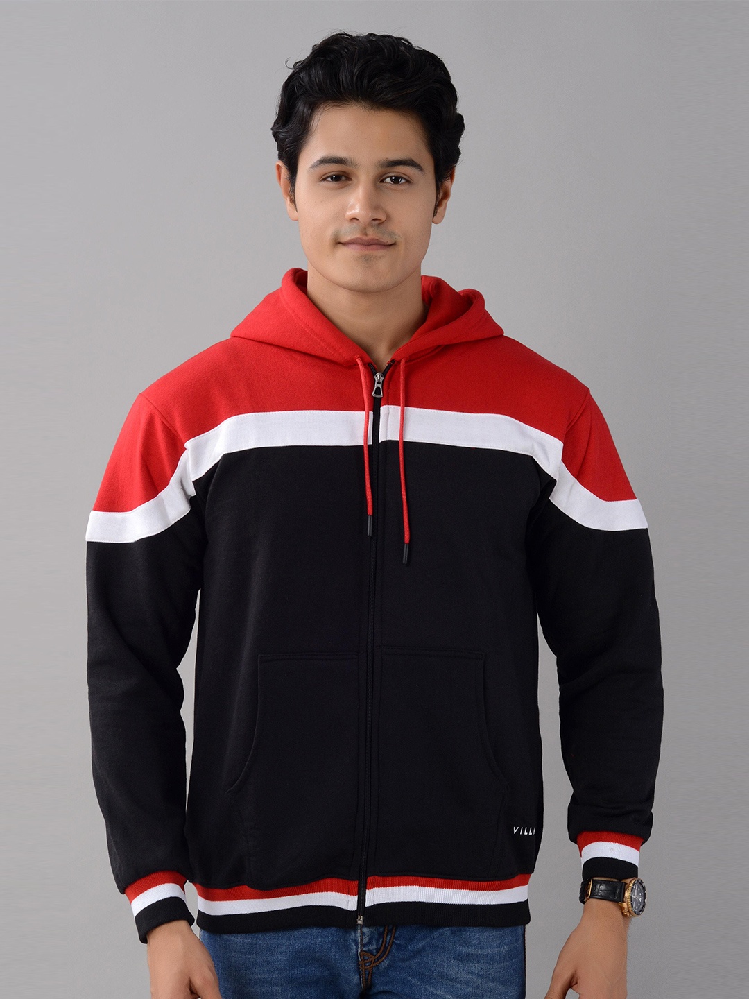 

VILLAIN Colourblocked Hooded Fleece Front Open Sweatshirt, Red