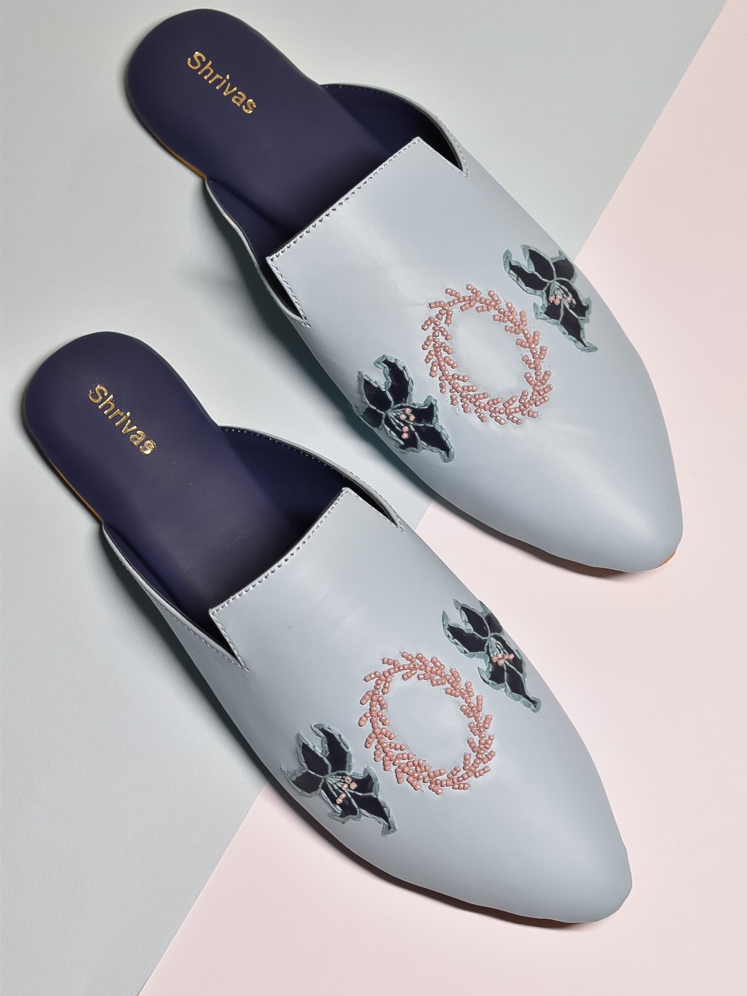 

SHRIVAS BY ARCHITA MEHTA Seaweed Embellished Pointed Toe Mules, Blue