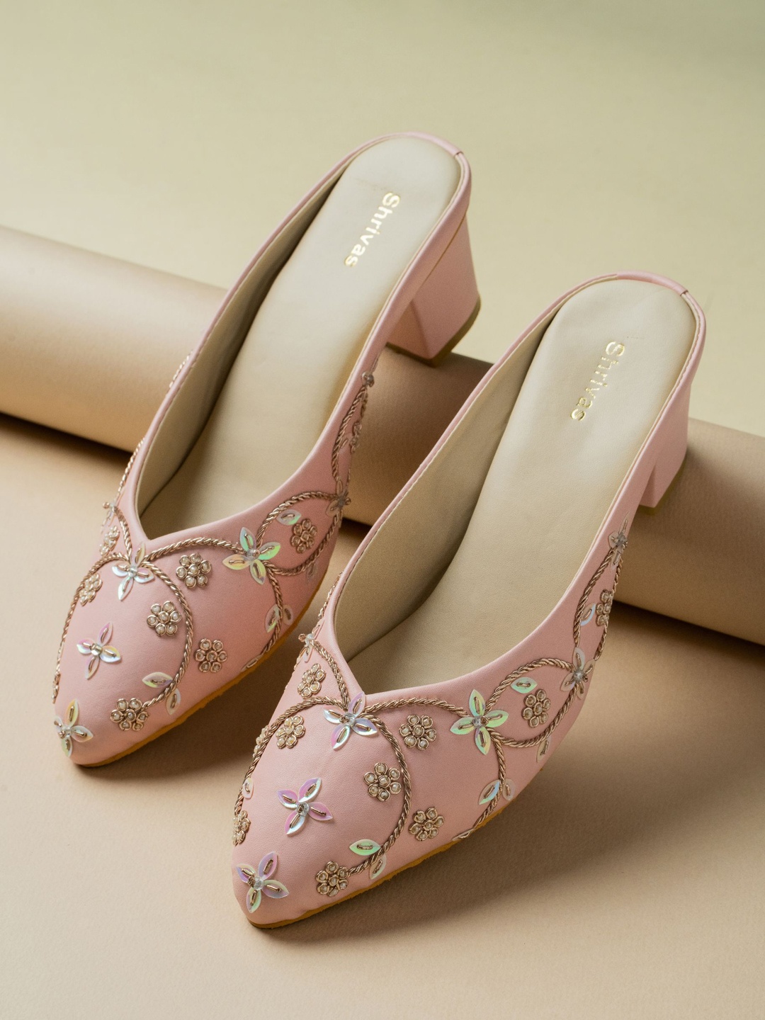 

SHRIVAS BY ARCHITA MEHTA ENIGMA Embellished Ethnic Pointed Toe Block Mules, Pink