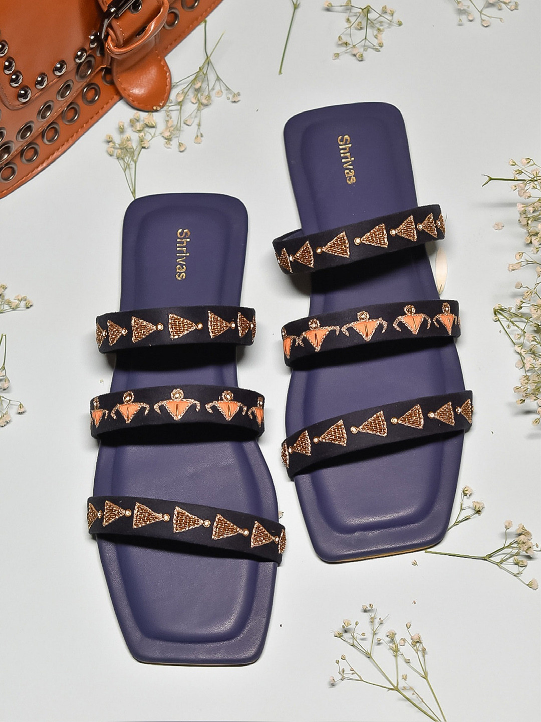 

SHRIVAS BY ARCHITA MEHTA Embellished Suede Ethnic Open Toe Flats, Navy blue