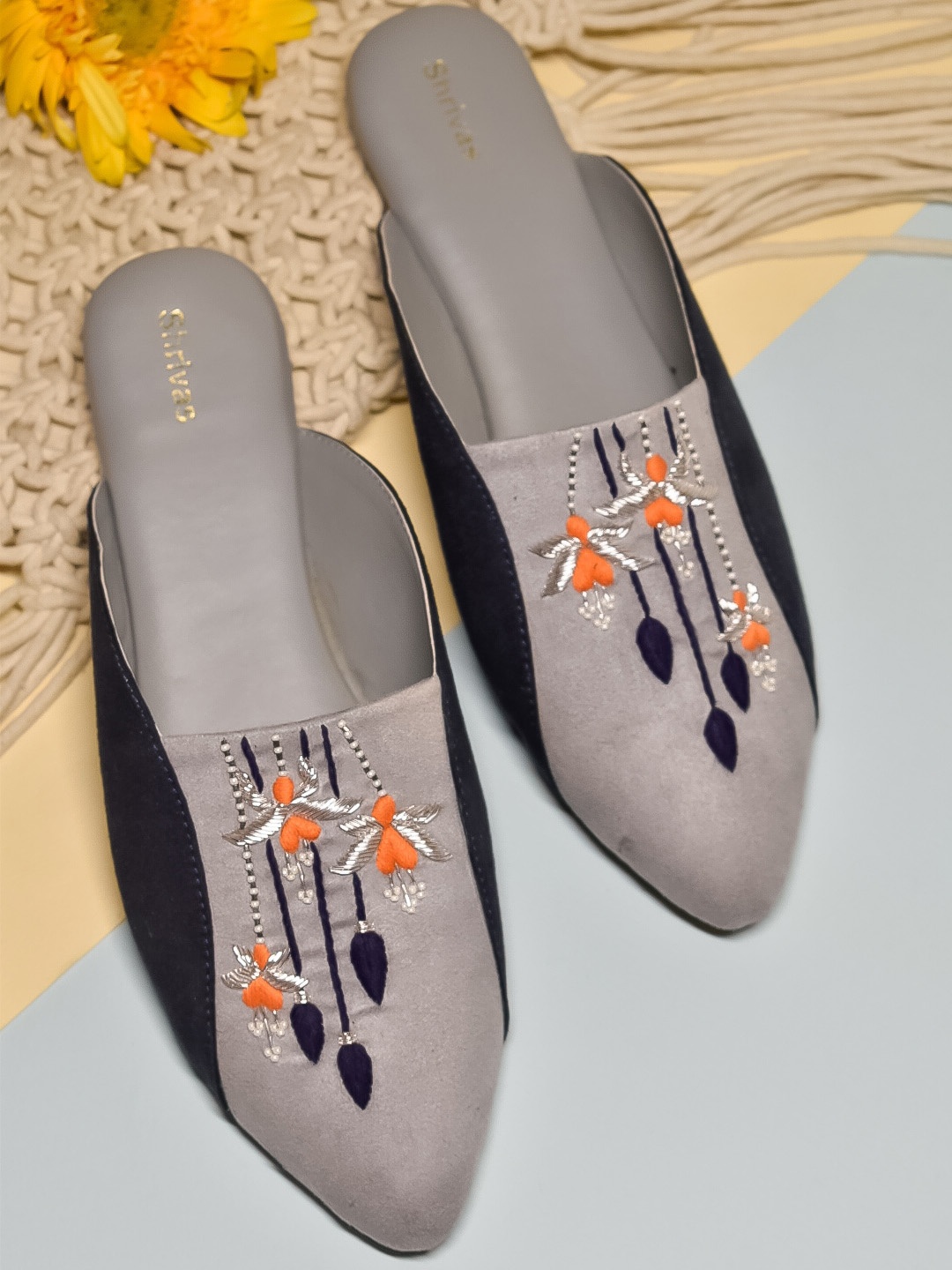 

SHRIVAS BY ARCHITA MEHTA LILY Ethnic Embellished Suede Mules, Grey