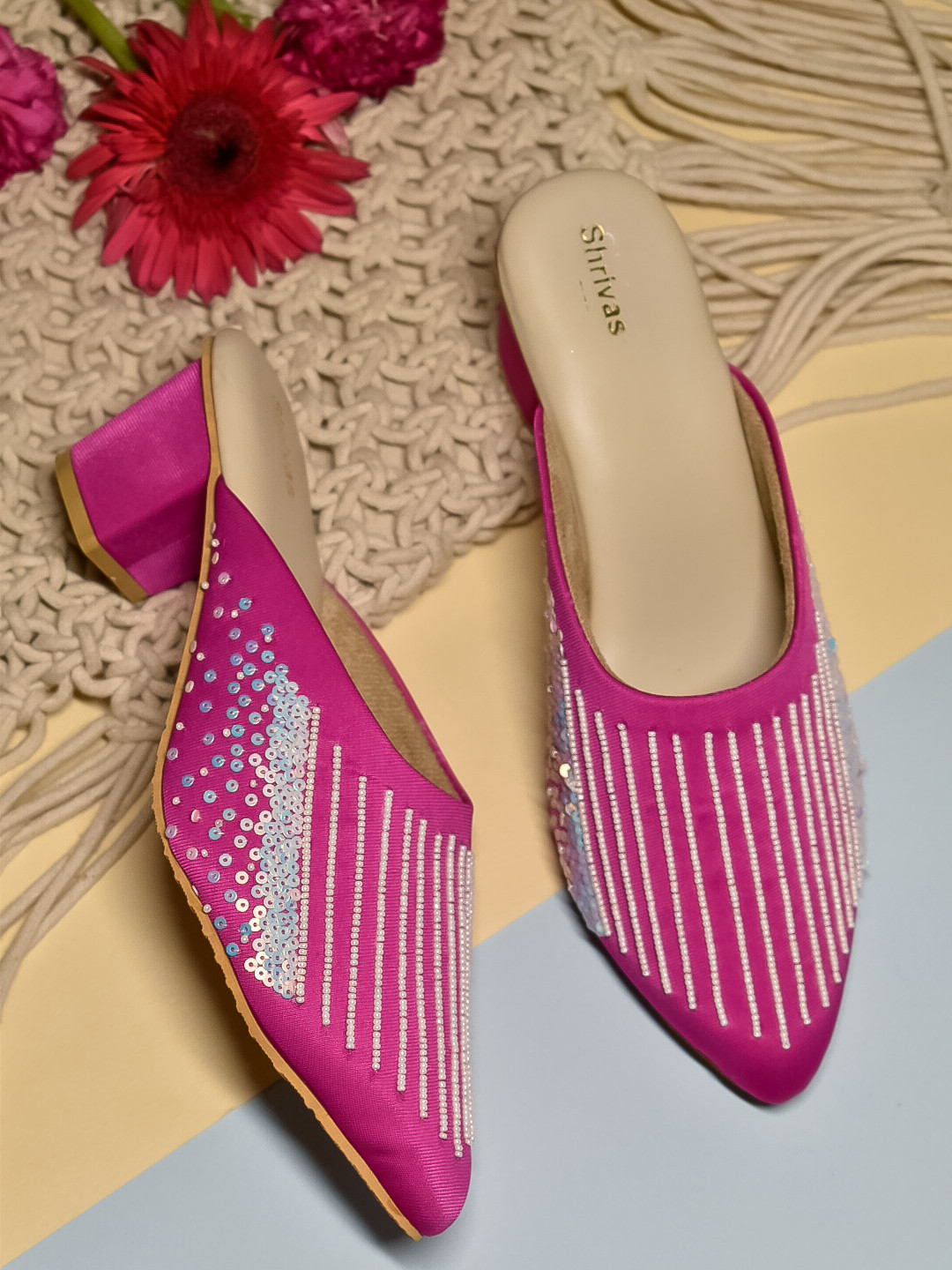 

SHRIVAS BY ARCHITA MEHTA Pointed Toe Ethnic Embellished Block Mules, Pink