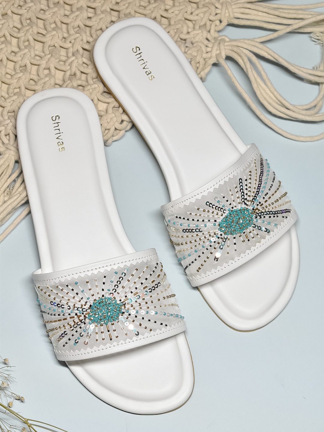 

SHRIVAS BY ARCHITA MEHTA CYRUS Ethnic Embellished Open Toe Flats, White