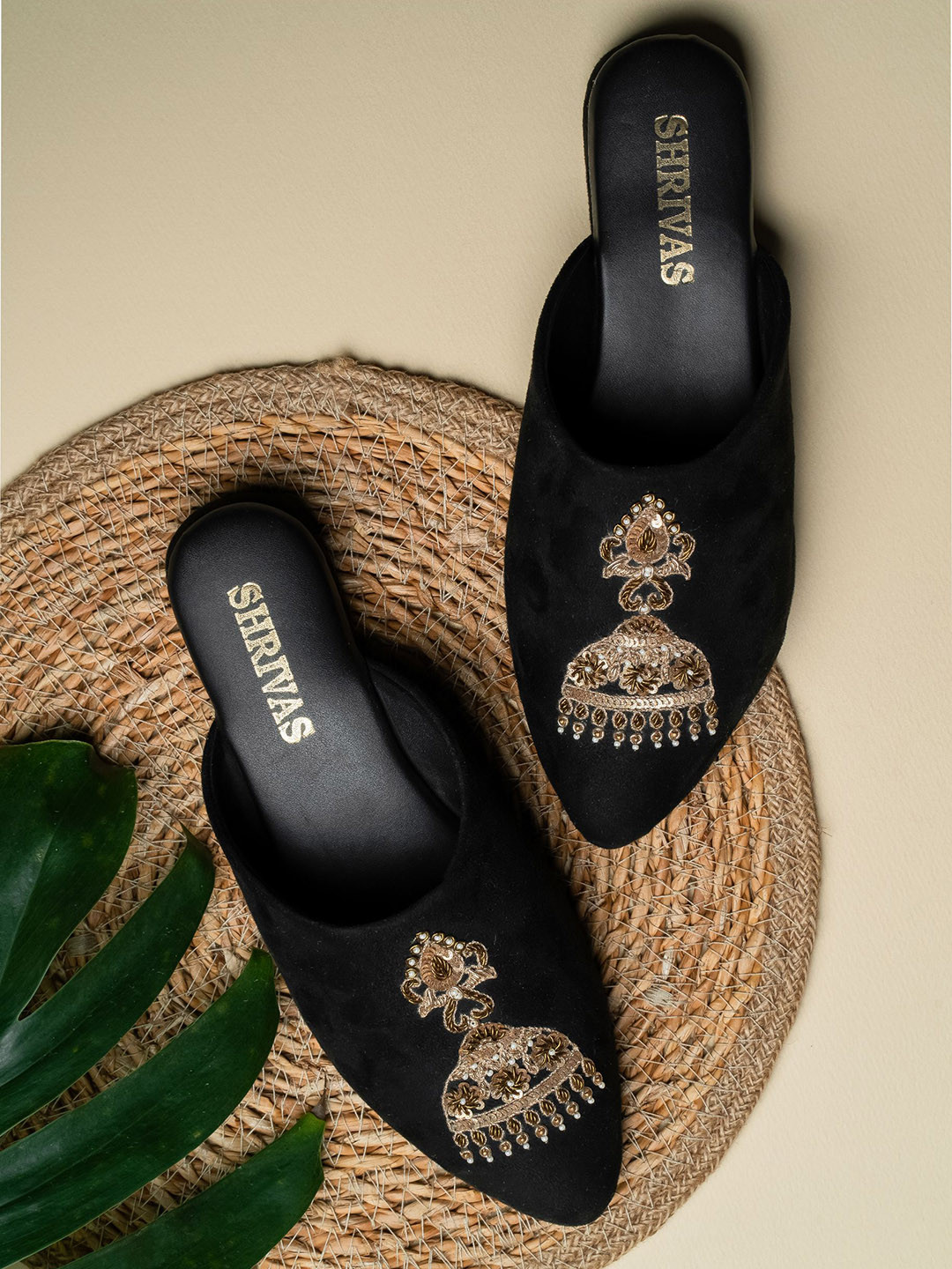 

SHRIVAS BY ARCHITA MEHTA Embellished Velvet Ethnic Block Mules, Black