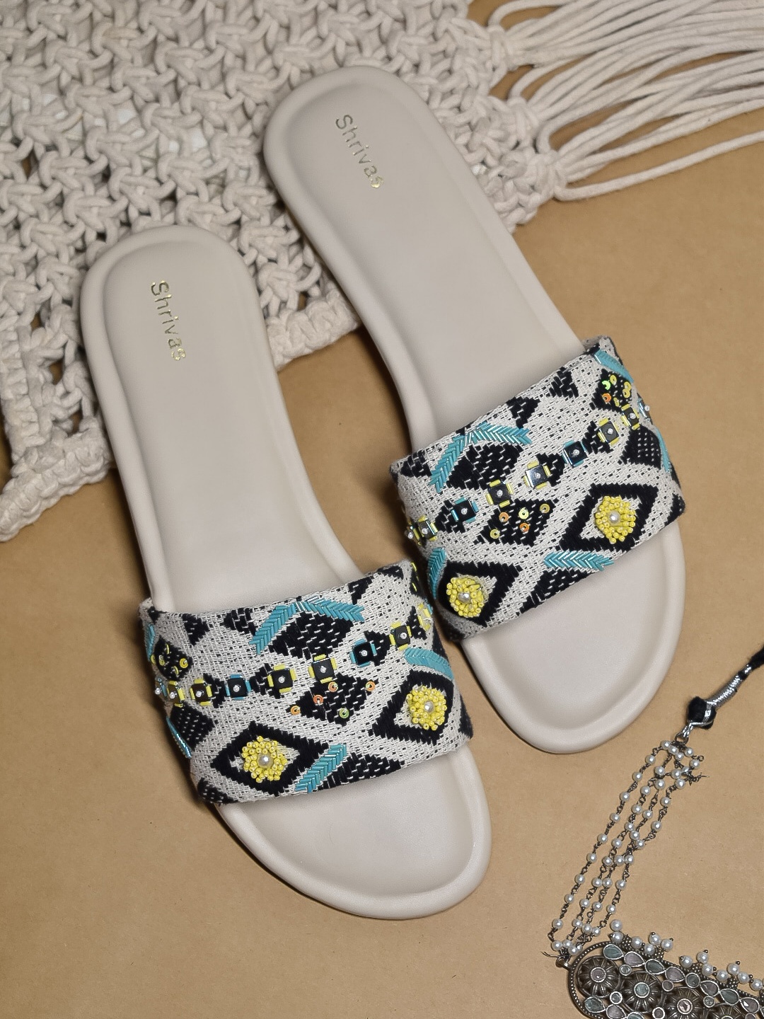 

SHRIVAS BY ARCHITA MEHTA SKYE Ethnic Embellished Fabric Open Toe Flats, Off white