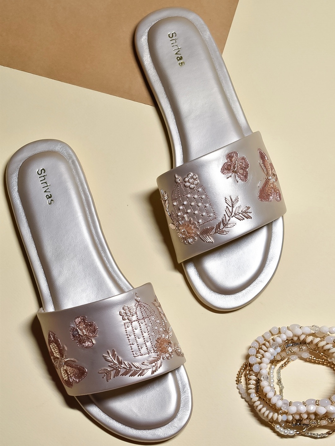 

SHRIVAS BY ARCHITA MEHTA Embellished Open Toe Flats, Champagne